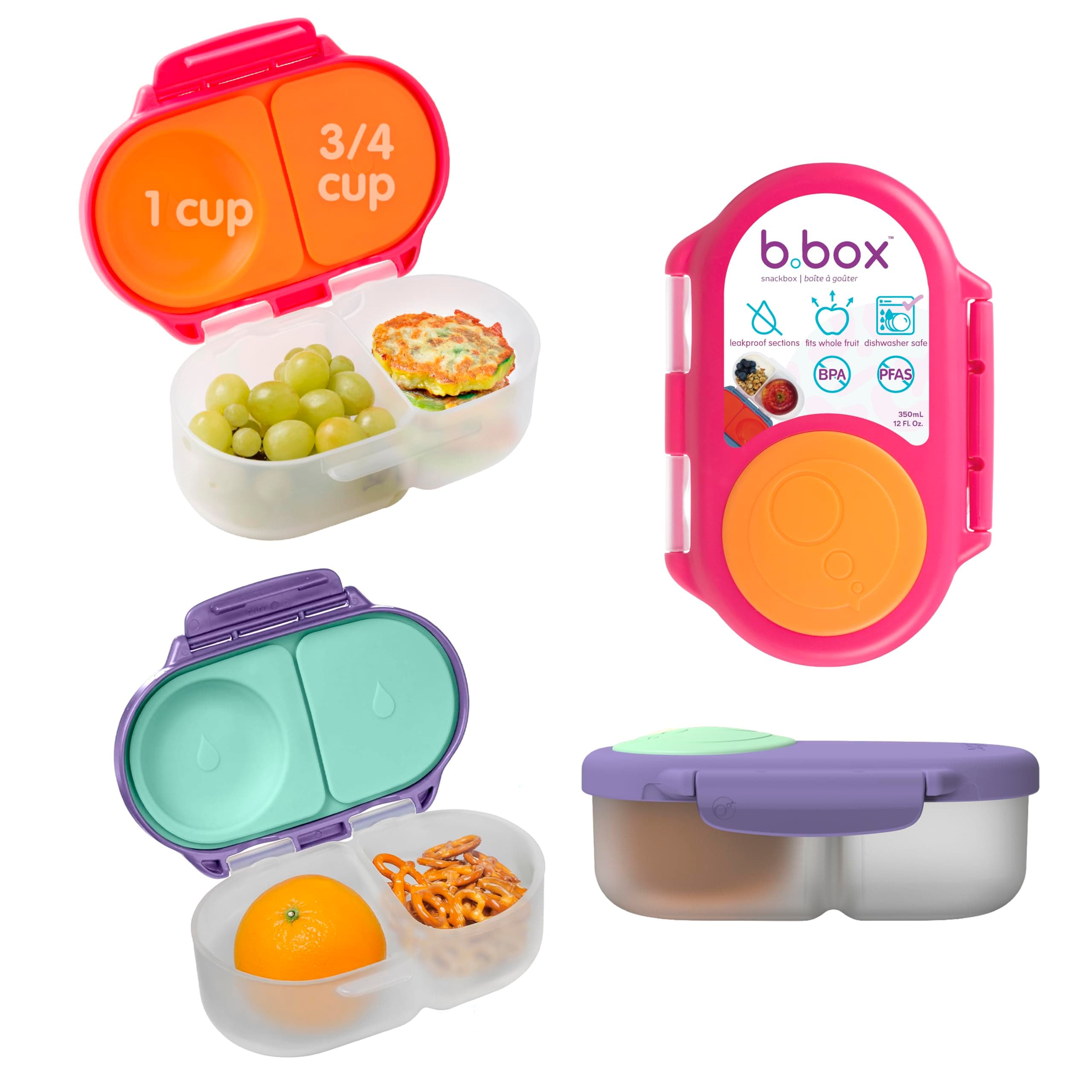 Snack Box 2-Pack - Leak Proof Mini Bento Box for Kids & Toddlers, 2 Compartment Snack Containers for Kids, Dishwasher Safe, BPA-Free, PFAS-Free, Ages 4mo+, 1 3/4 Cup Each (Strawberry + Lilac)