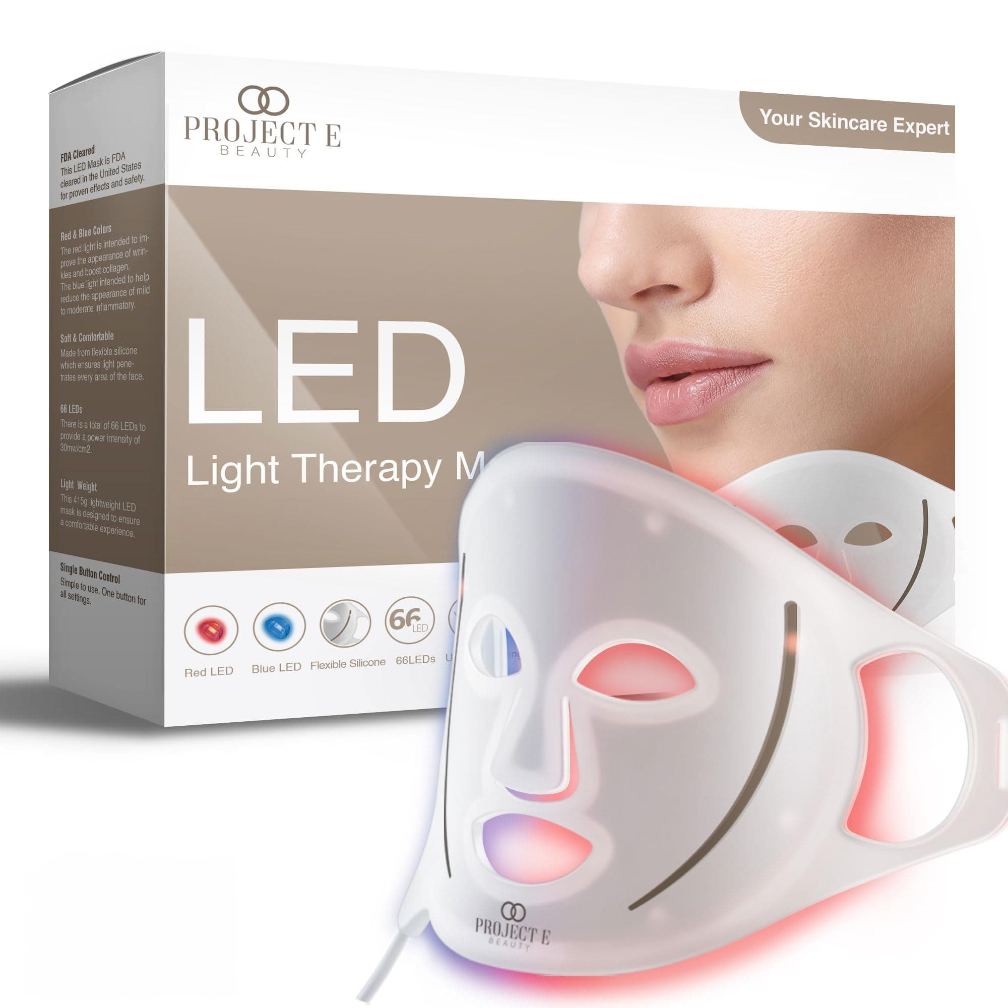 Project E BeautyLED Light Therapy Mask | FDA Cleared Silicone Face Facial Mask Red Blue Light Skin Rejuvenation Anti-Aging Remove Reduce Wrinkles Skincare Device