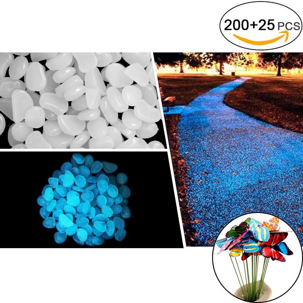 JUSLIN 200pcs White Glow in the Dark Pebbles with 25 Butterfly Stakes, for Gardening and Bar Decorations