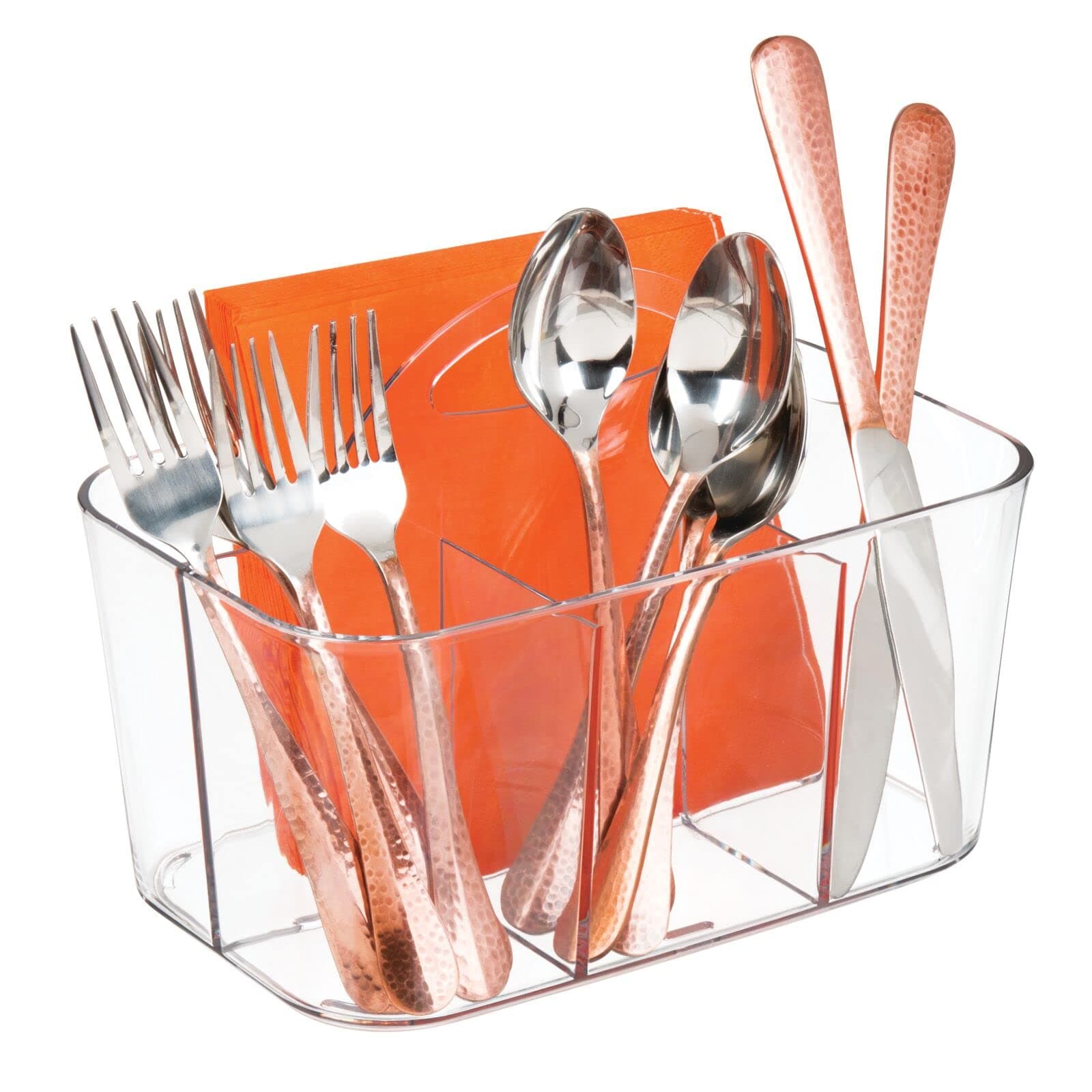 mDesign Plastic Cutlery Storage Organizer Caddy Bin Tote With Handle - Kitchen Cabinet Divided Pantry Basket For Forks, Knives, Spoons, Napkins, Indoor/Outdoor Use, Lumiere Collection, Clear