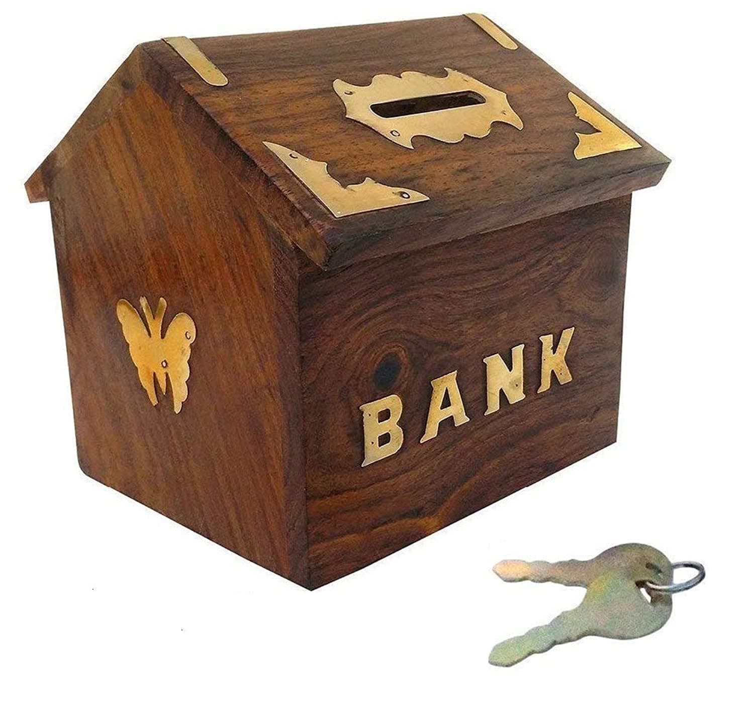 Wood Handicrafts Hut Shape Wooden Money Box with Lock Piggy Bank Coin Box Children Gifts, Brown