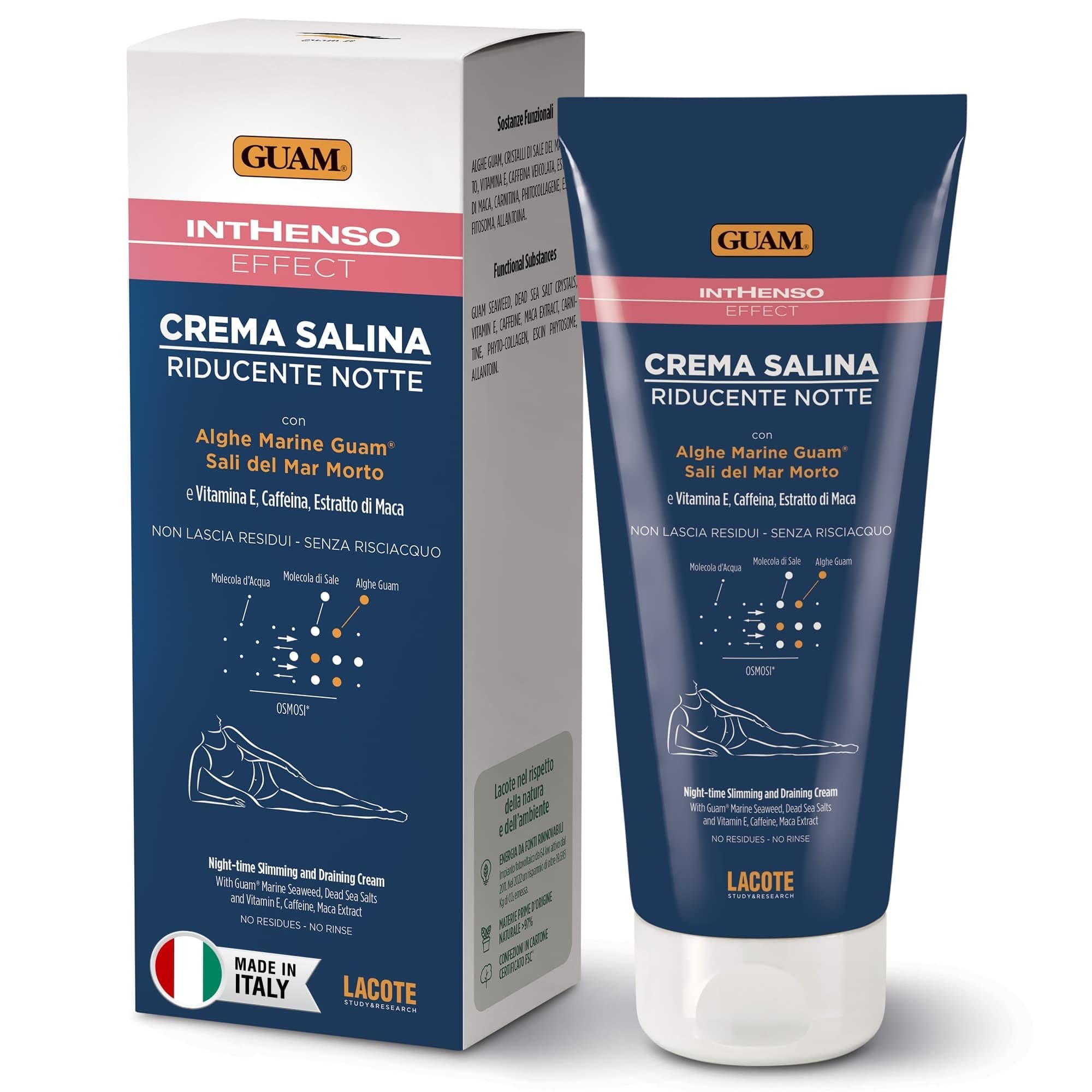 GUAM Seaweed Anti Cellulite Cream for Women with Vitamin E Caffeine and Maca Extract - 200ml Intensive Saline Reducing Night Treatment - Skin Tightening Cream Body Slimming, Firming & Draining Action