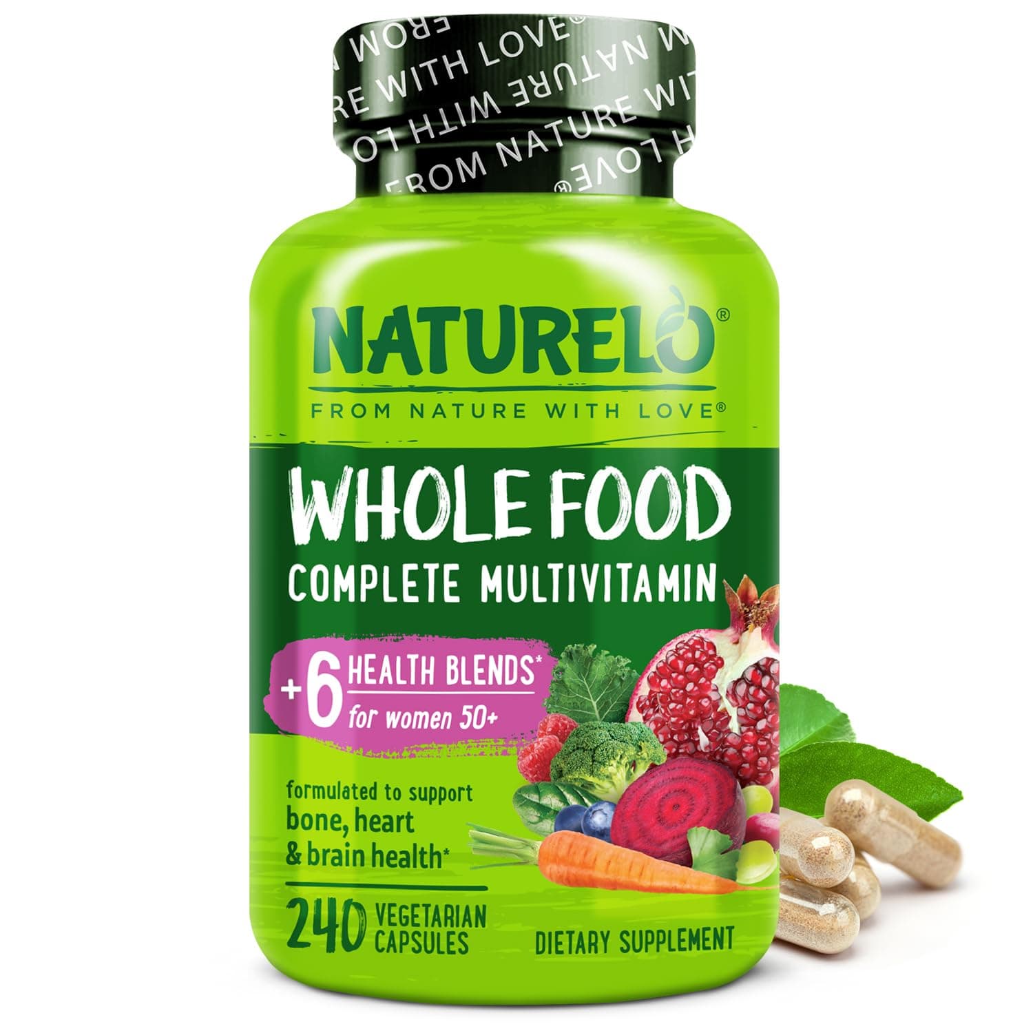 NATURELO Whole Food Multivitamin for Women 50+ (Iron Free) with Vitamins, Minerals, & Organic Extracts - Supplement for Post Menopausal Women Over 50 - No GMO - 240 Vegan Capsules