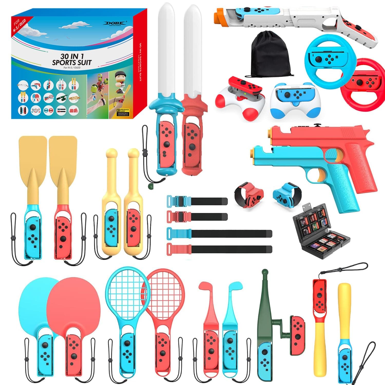 Switch Sports Accessories Bundle - 30 in 1 Family Accessories Kit Pack for Nintendo Switch/OLED Sports Games with Fishing Rod, Game Guns, Tennis Rackets, Golf Clubs, paddles, Baseball Bat,Drum stick