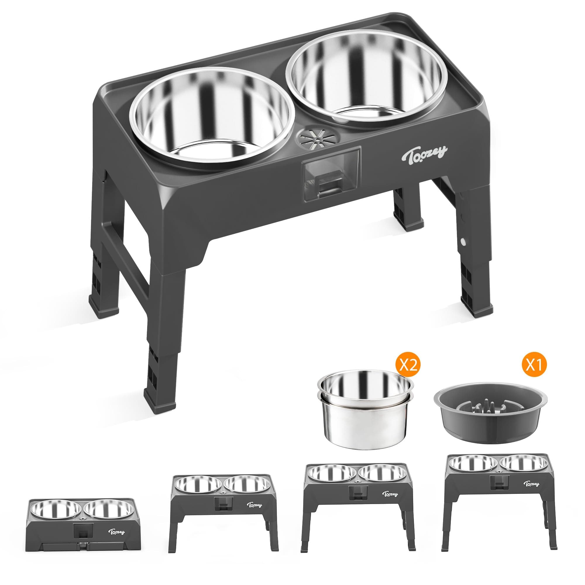 Toozey Upgarde Raised Dog Bowl, 3 Extra Large Capacity Dog Food Bowls, 4 Higher Heights Adjustable Dog Bowl with Catchment Drawer, for Large & Medium Dogs-Grey