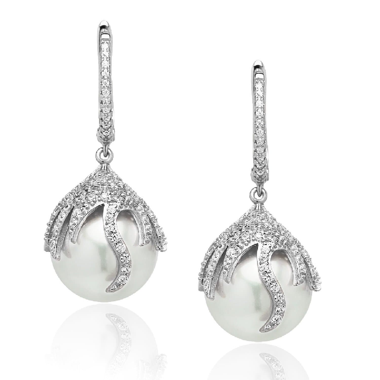 925 Sterling Silver Dangle Earrings, 14mm White Simulated Pearl, CZ Border, Rhodium Plated