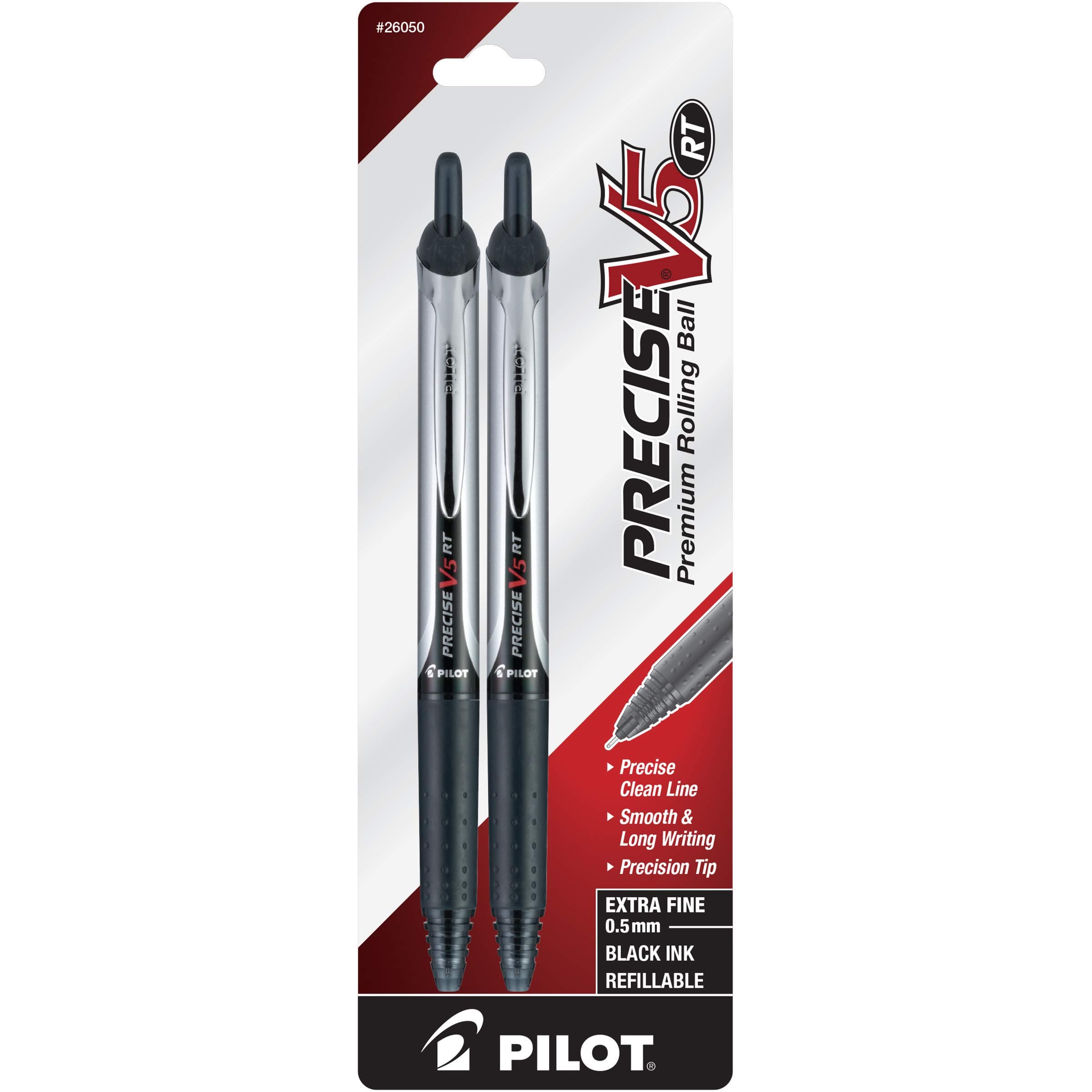 Precise V5 RT Refillable & Retractable Rollerball Pens, Extra Fine Point Pens 0.5 mm, Black, Pack of 2 - Ideal for School, Journaling & Office Writing