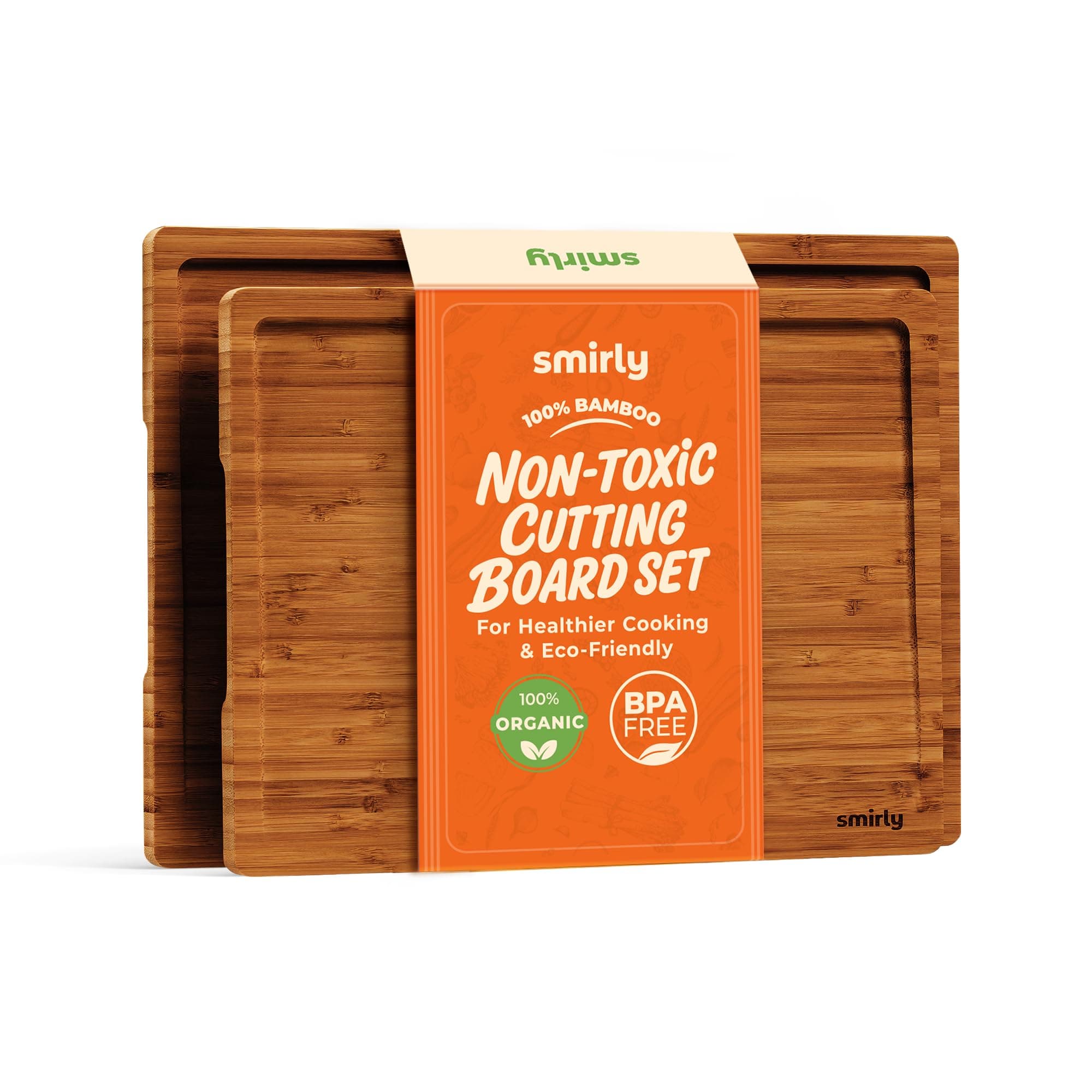 SMIRLY Bamboo Cutting Boards, Brown Bamboo Wood Cutting Board for Kitchen, Set of 2 Medium -Small & Deep Juice Groove, Butcher Block for Chopping Meat, Charcuterie Cheese Tray, Kitchen Gadgets