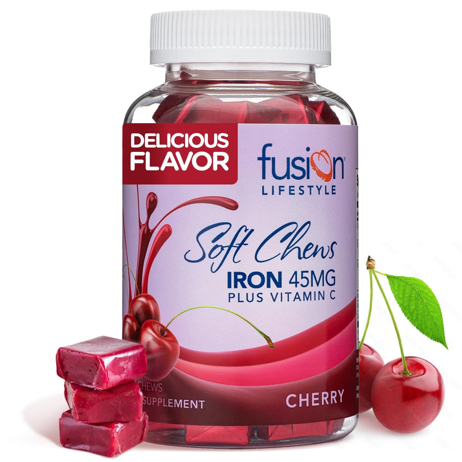 Fusion Lifestyle Chewable Iron Supplement for Women & Men - Cherry Flavor, Iron Vitamin C Soft Chew for Max Absorption, Iron as Ferrous Fumarate, Ideal for Anemia and Iron Deficiency, 2 Month Supply