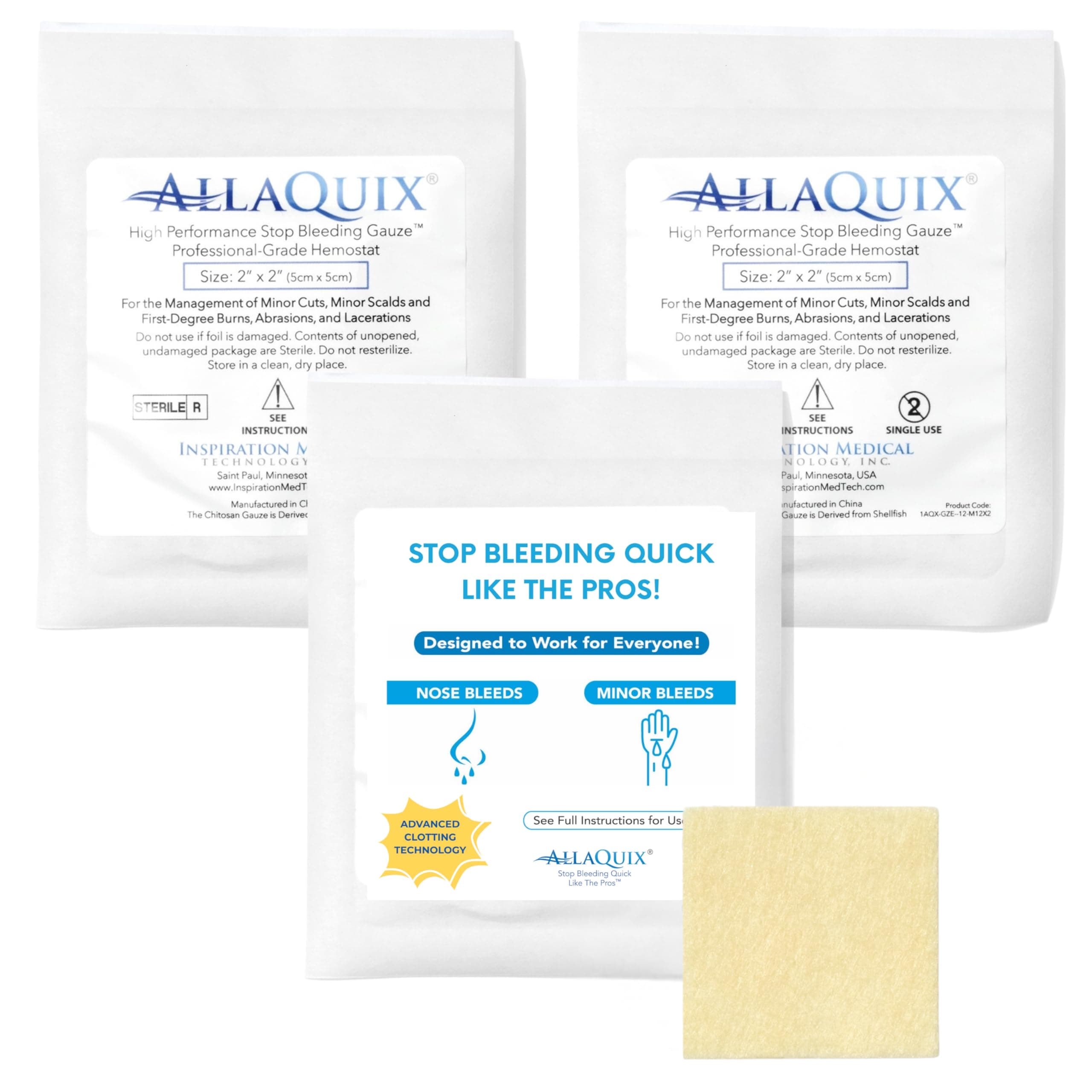High Performance Stop Bleeding Gauze Pads – 3-Pack (2"x2") | Hemostatic Wound Dressing for Cuts & First Aid Kits | Sterile, Drug-Free, Fast Clotting Pads