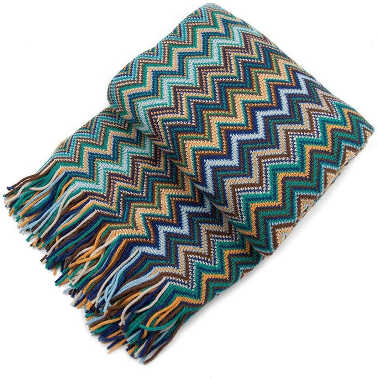 JUSTINLAU Yoga Blanket Bed Blankets, Turkish Throw Blankets, Boho Throw Blankets for Couch, Knitted Throw Blankets Hippie Throws Blankets for Sofa, Bathroom (blue)