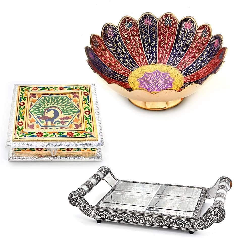 Little India Meenakari Fruit Bowl Dryfruit Tray n Box Combo Set 353