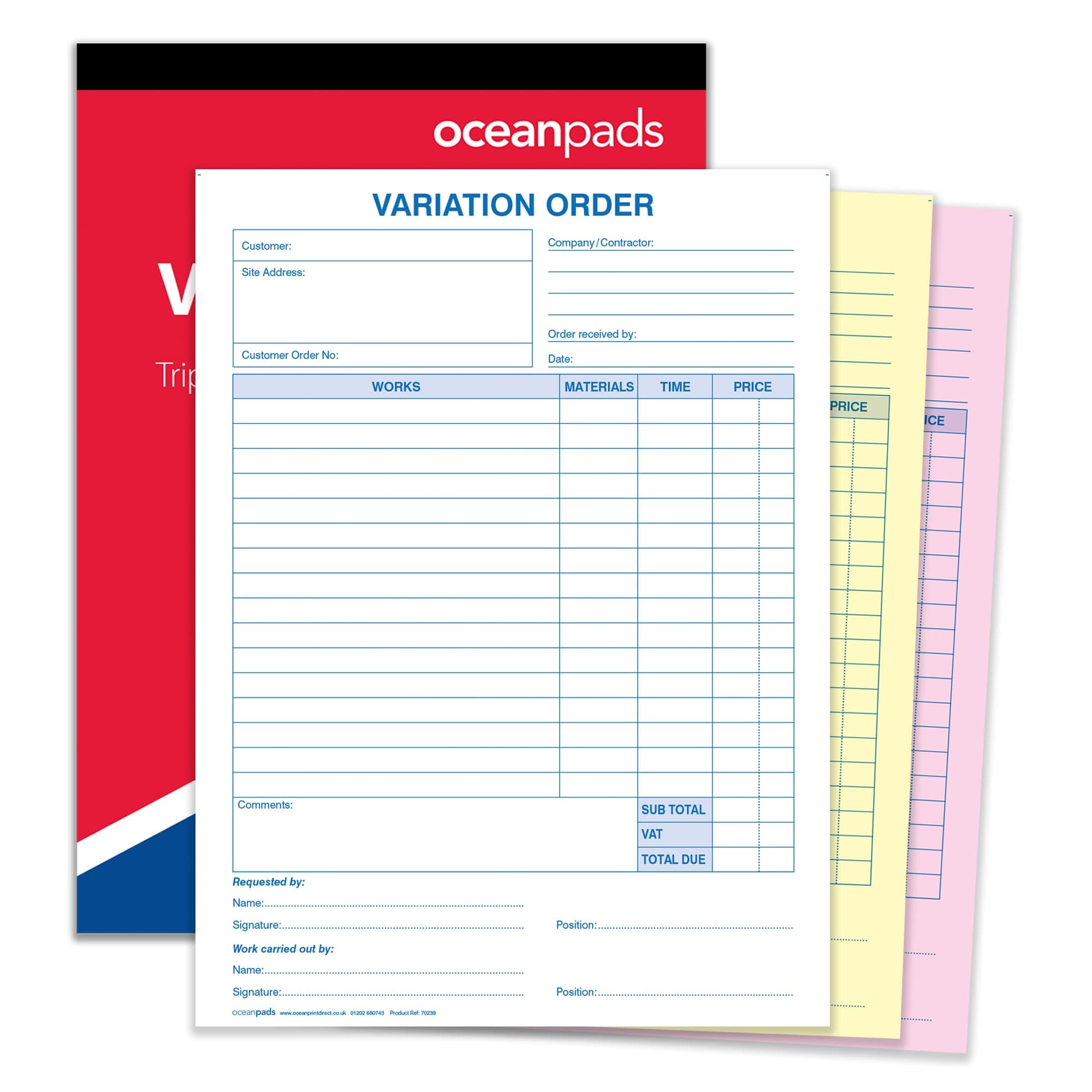 Variation of Order Book for Project Alterations – Ideal for Builders, Plumbers, Carpenters, Electricians & Trades. A4 (210x297mm), 3-Part Carbonless NCR, 50 Sets per Book (70239)