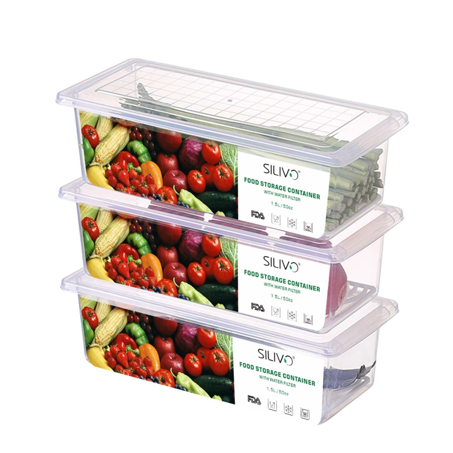Fruit Storage Containers for Fridge (3 Pack) - 1.5L Produce Saver Containers for Refrigerator with Removable Drain Tray Keep Fresh for Produce, Bacon, Fruits and Vegetables