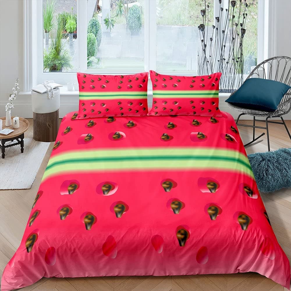 Kids Watermelon Duvet Cover Cartoon Watermelon Bedding Set for Kids Boys Girls Vivid Watermelon Seeds Comforter Cover Fresh Fruit Bedding & Linen 2Pcs Bedding Single