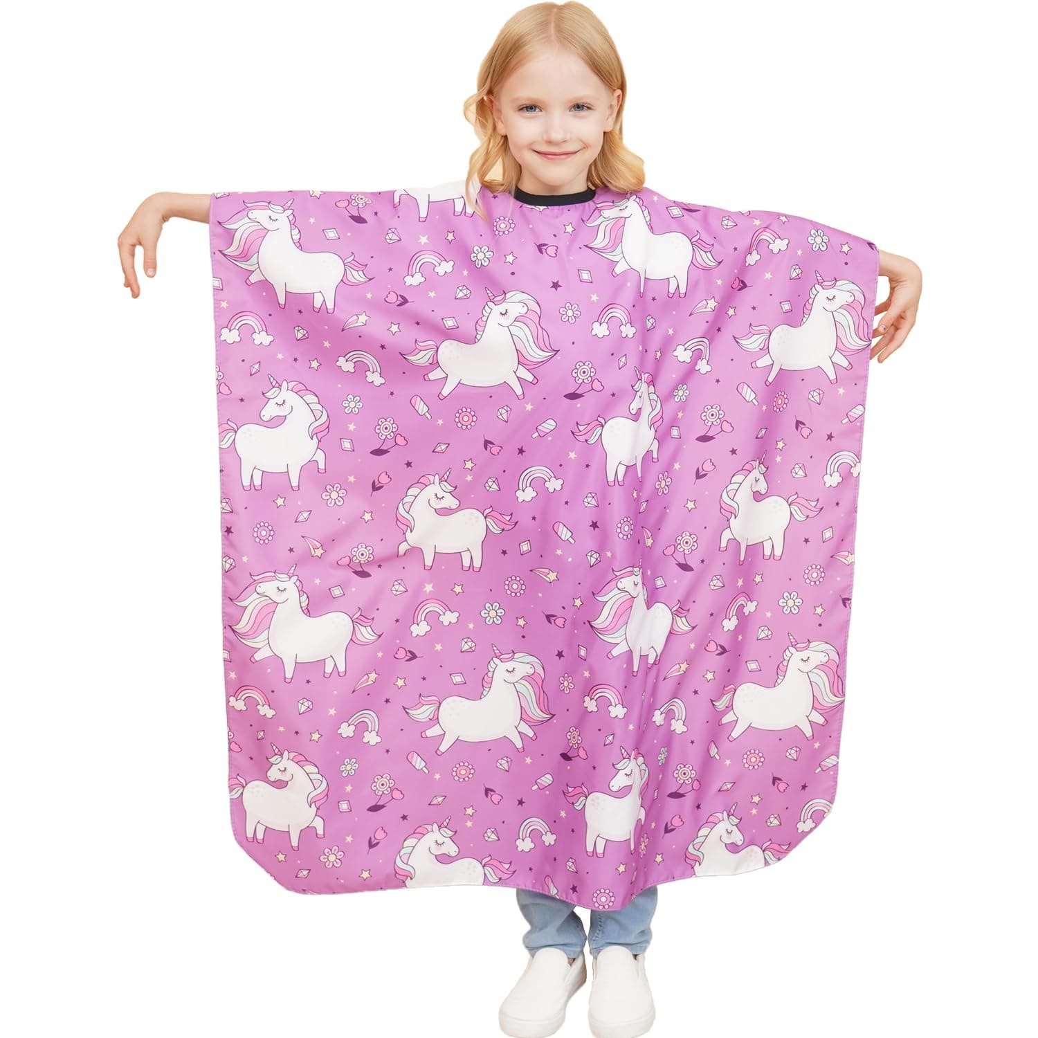 Kids Barber Cape, 51"x36" Professional Salon Hair Cutting Cape with Adjustable Neck Strap, Unisex Kids Haircut Cape for Hairdresser and Stylist (Rainbow Unicorn)