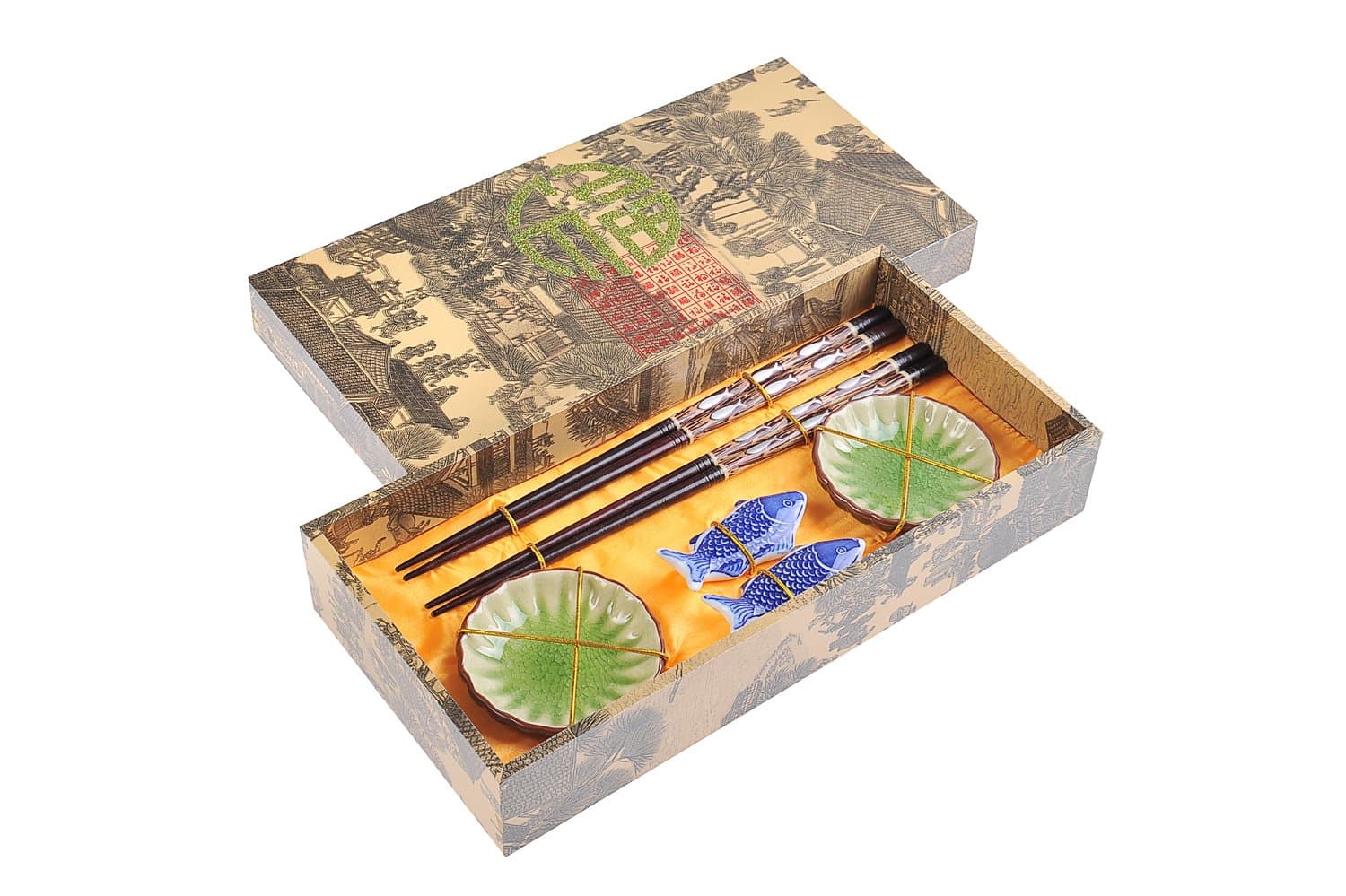 Chopsticks "Fish" - elegant chopstick set in a decorative box, with carved-wood chopsticks, rests, ceramic bowls (2 pairs of chopsticks, 2 rests, 2 bowls), Mod. CBS-S2-G-H05 (US)