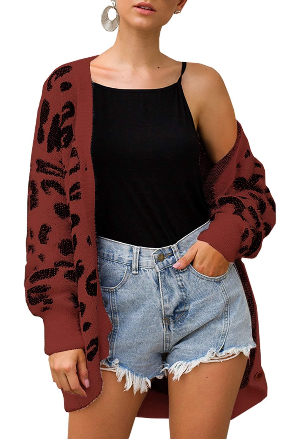 BTFBM Women Fashion Leopard Print Button Down Long Sleeve Soft Loose Knit Sweater Cardigan Coat Fall Winter Outwear