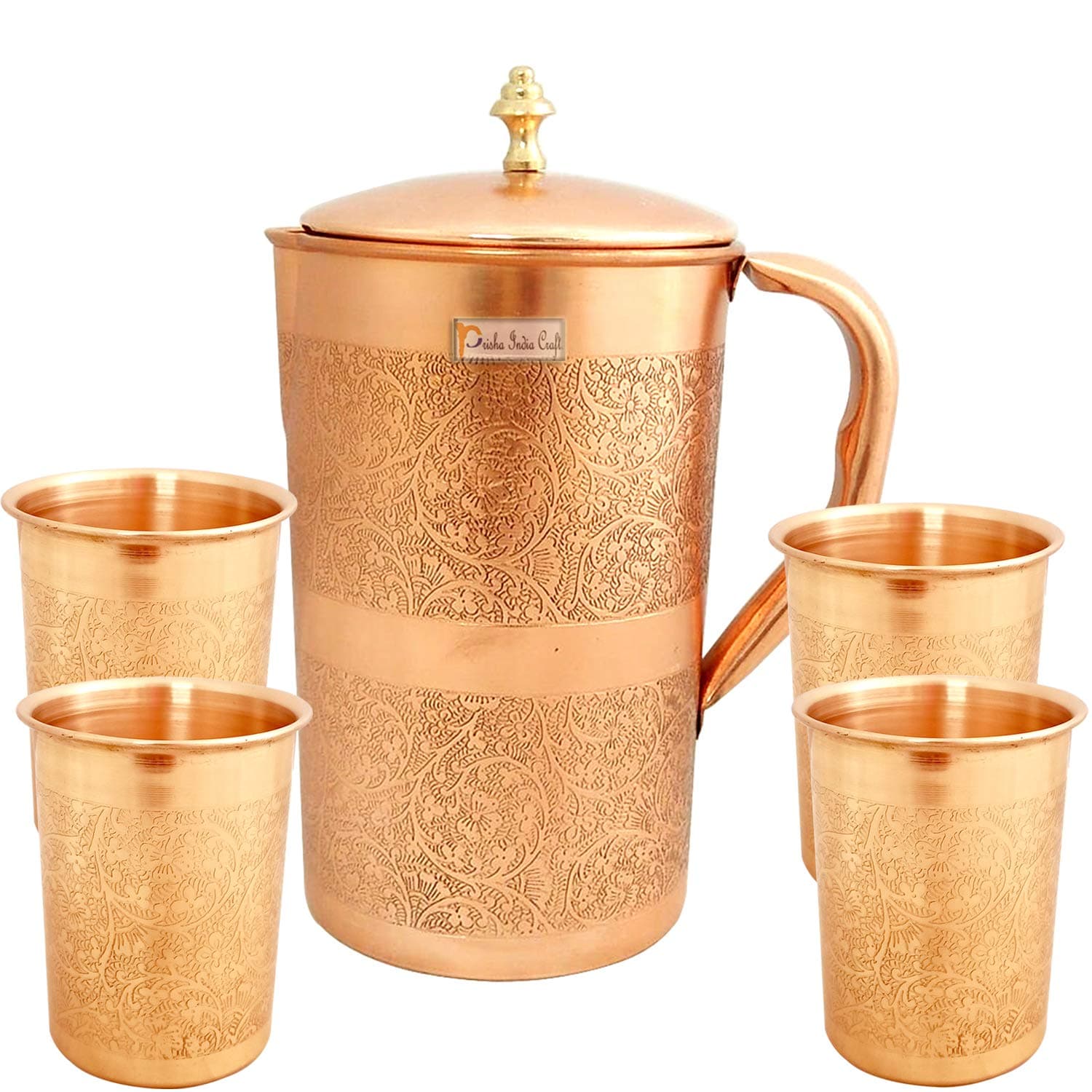 Prisha India Craft Embossed Design Pure Copper Water Jug Pitcher 1200 ML with 4 Copper Glass Tumbler 300 ML Each, 5 Pieces (Brown)