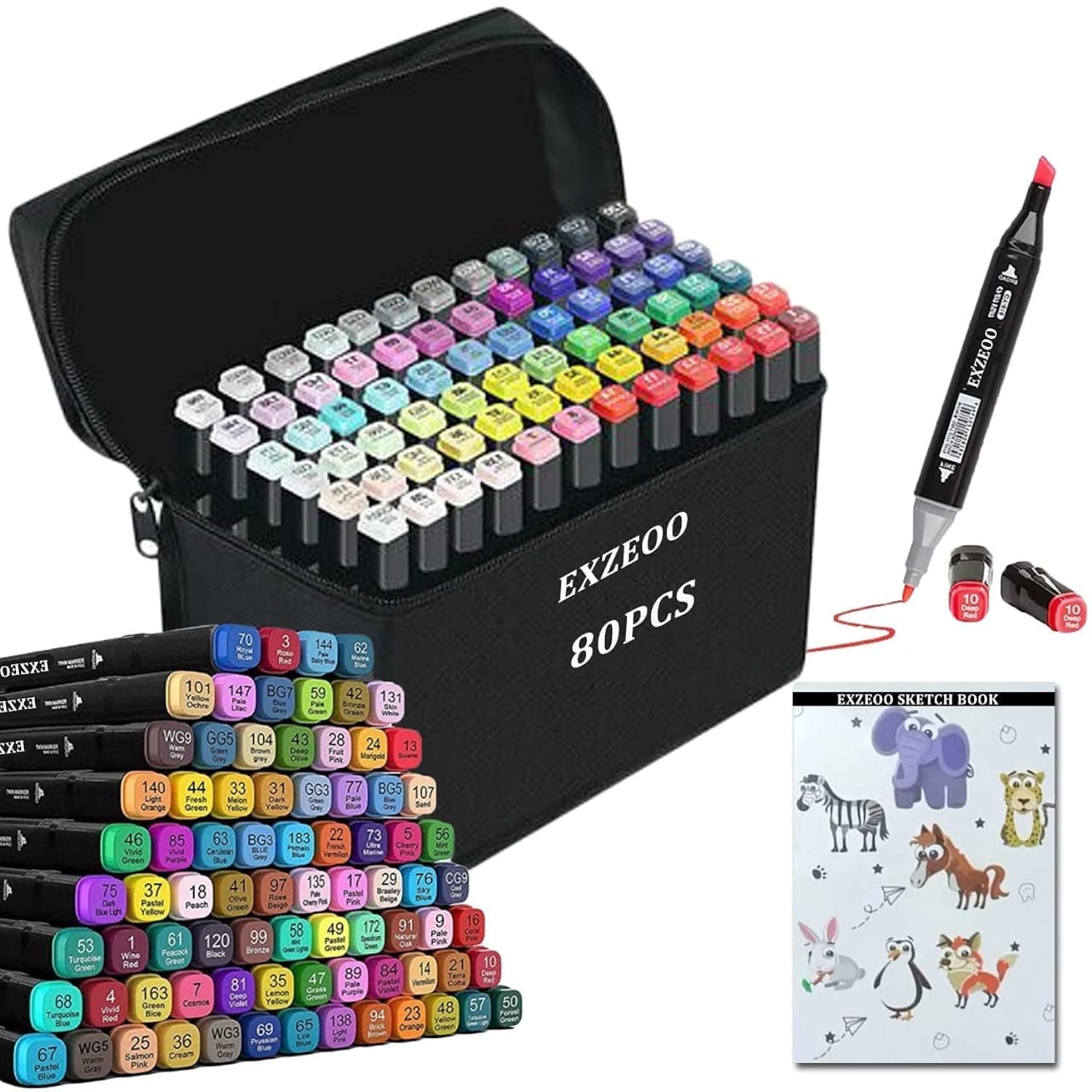 EXZEOO80 Colored Markers Set, Double Tipped Markers for Artisits, Twin Marker Pens with Storage Base and Sketch book