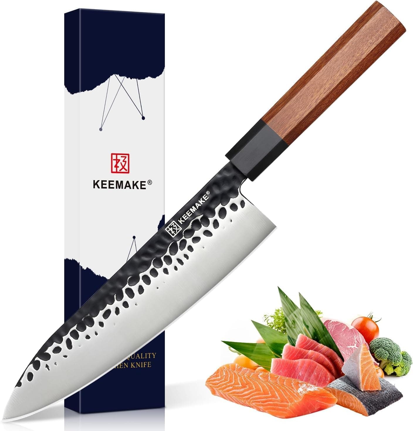 - KEEMAKE 8 Inch Chef Knife, Japanese Hand Forged 440C High Carbon Steel Kitchen Knives with Ergonomic Rosewood Handle, Professional Gyuto Knife for Meat & Veggie Slicing