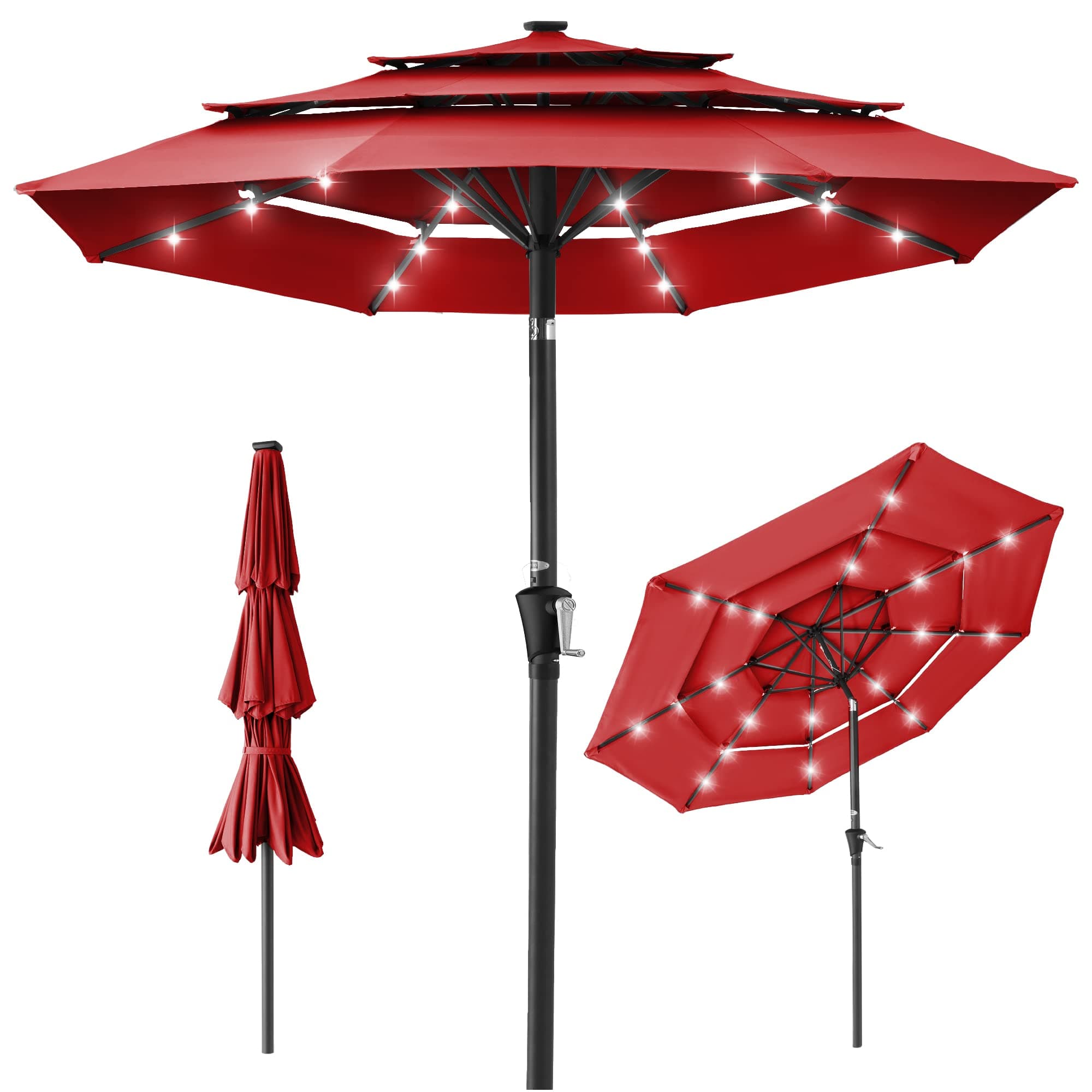 Best Choice Products 10ft 3-Tier Patio Umbrella, Outdoor Market Sun Shade for Backyard, Deck, Poolside w/ 24 LED Lights, Tilt Adjustment, Easy Crank, 8 Ribs