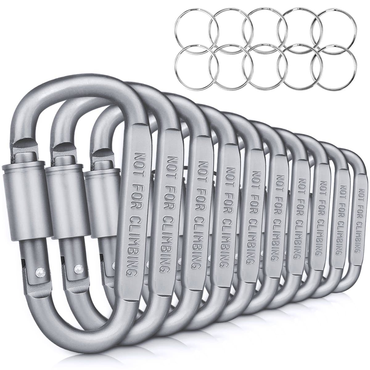 KAMOTA 10PCS Aluminum D Ring Locking Carabiner with 10PCS Key Ring, Premium Durable D Ring Carabiner Clip for Home Camping Fishing Hiking Traveling and Keychain
