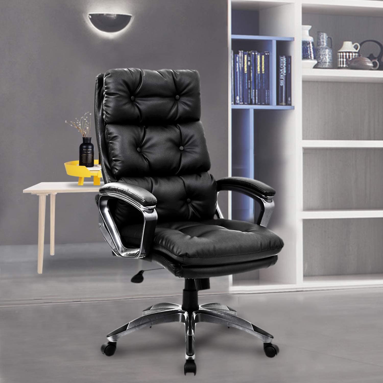 LCH High Back Executive Office Chair Double-Layer Leather Ergonomic Computer Task Chair Curved Armrests Task Black PU Leather-Black