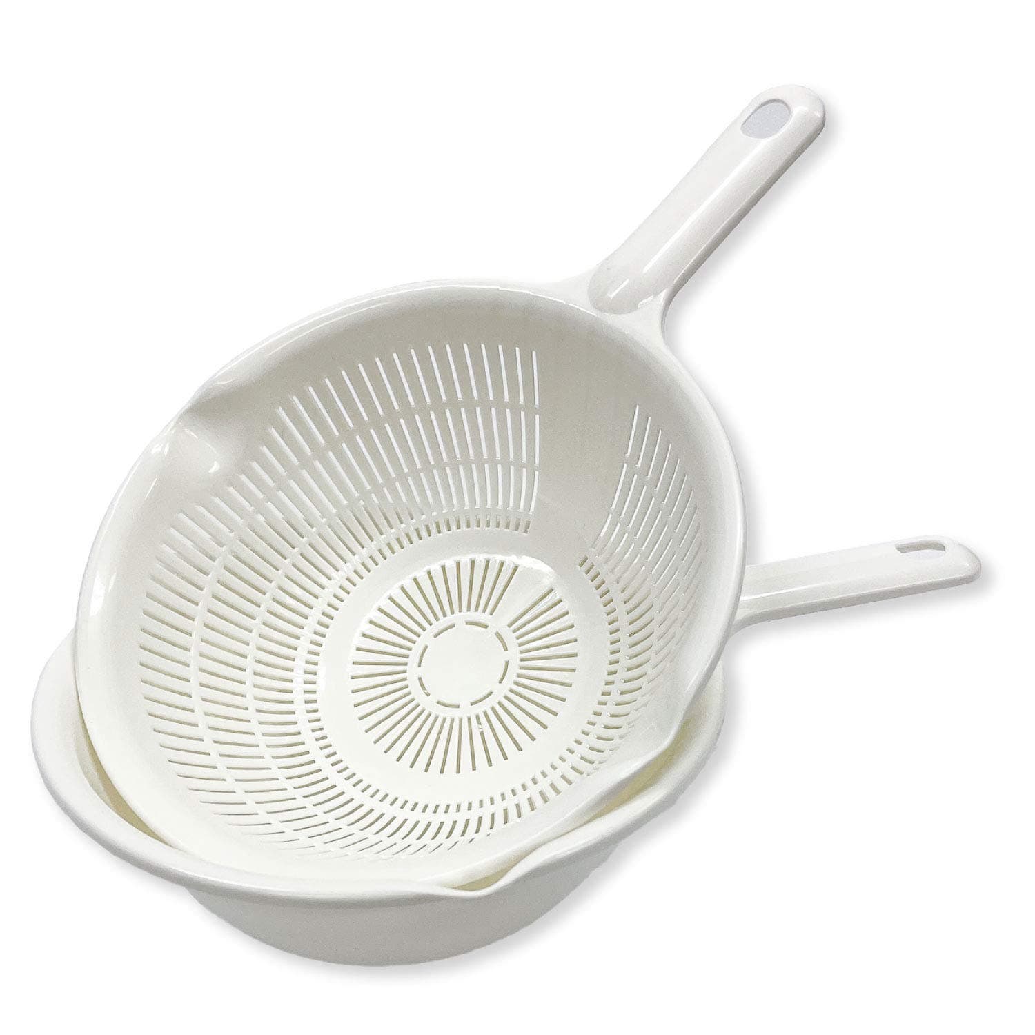 Kitchen Colanders and Bowl with Handle Pair Set. Easy to Use, 1.3-quart, 8" Handy Size, for Pasta, Spaghetti, Berry, Veggies, Fruits, Noodles, Salads, Made in Japan (White with Handle)