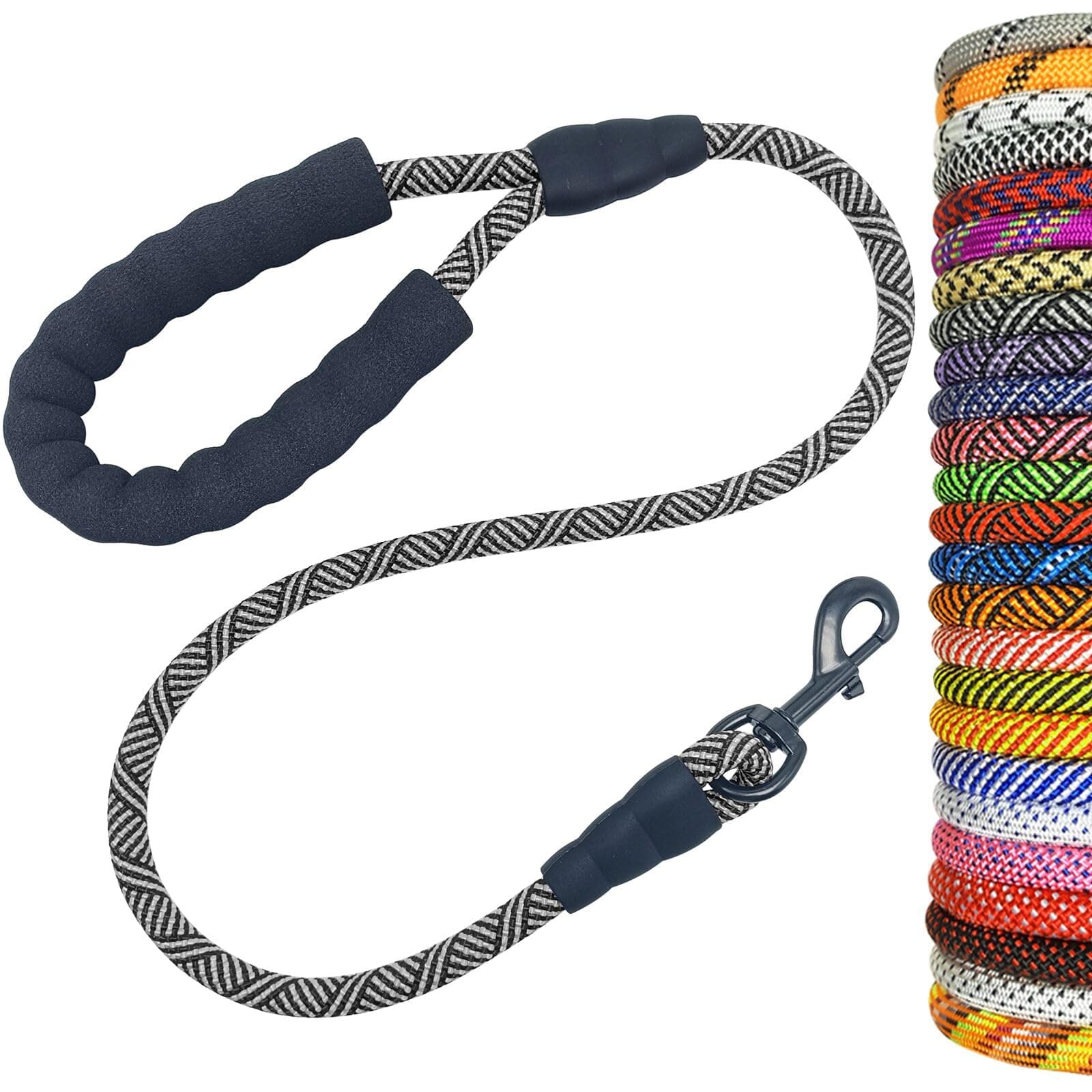 MayPaw Heavy Duty Rope Dog Leash, 3/4/5/6/7/8/10/12/15/20FT Nylon Pet Leash, Soft Padded Handle Thick Lead Leashes for Large Medium Dogs (Black, 1/2" * 3')