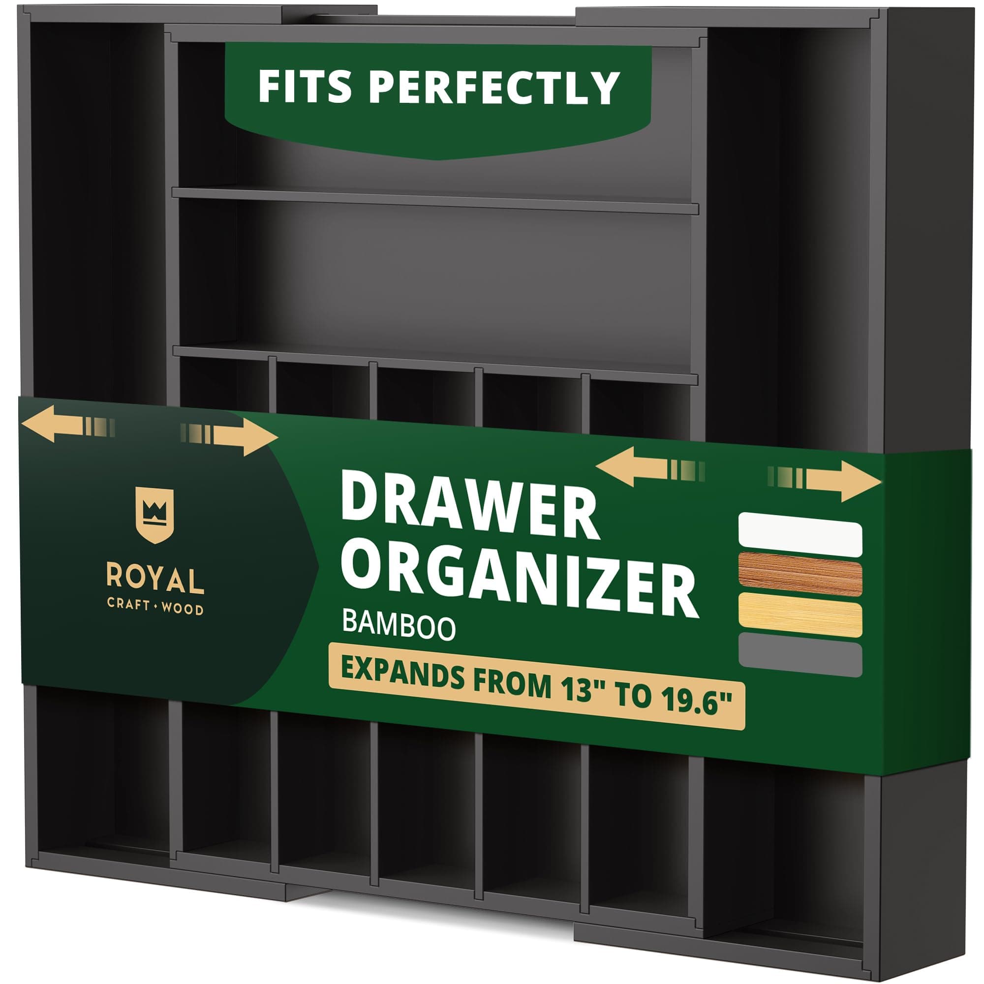 ROYAL CRAFT WOOD Luxury Bamboo Kitchen Drawer Organizer - Silverware Organizer - Utensil Holder and Cutlery Tray with Grooved Drawer Dividers for Flatware and Kitchen Utensils (9 Slot, Black)