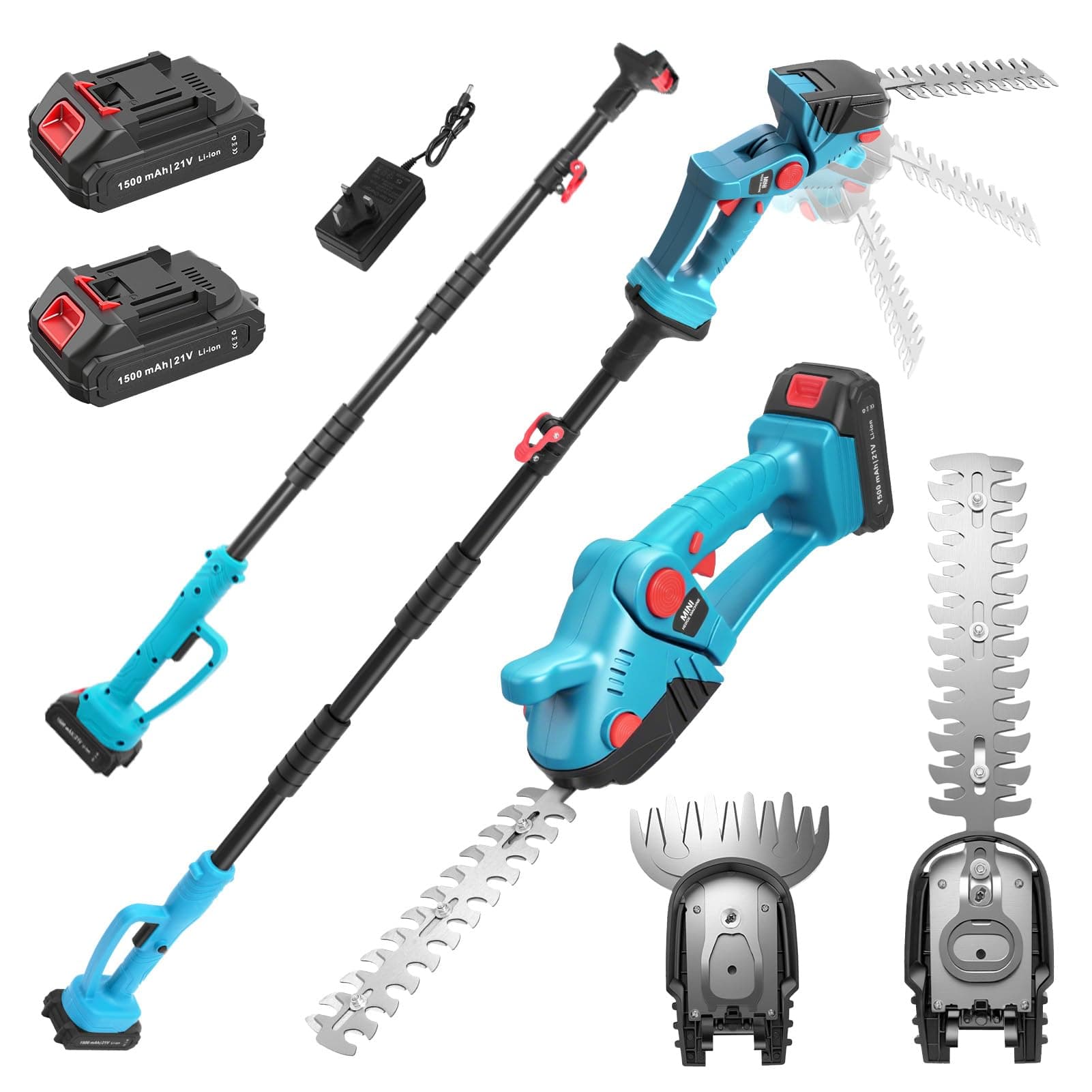 4-in-1 Cordless Pole Handheld Hedge Trimmer & Grass Shear, 21V Electric Grass Trimmer Hedge Cutter with 2 Batteries & Charger, Long Reach Extendable Pole Hedge Bush Trimmer for Shrub Garden Yard Lawn