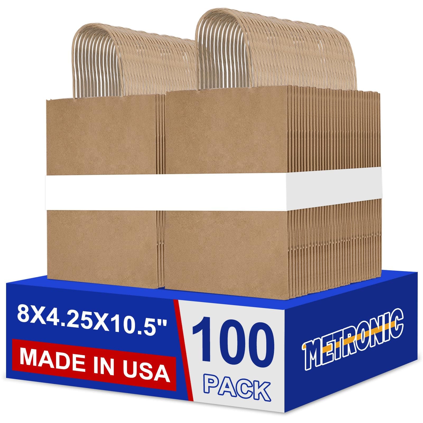 METRONIC Paper Gift Bags 8x4.25x10.5 100Pcs Brown Paper Bags with Handles Bulk, Kraft Paper Bag for Small Business, Birthday Wedding Party Favor, Christmas, Retail shopping Bag, Made in USA