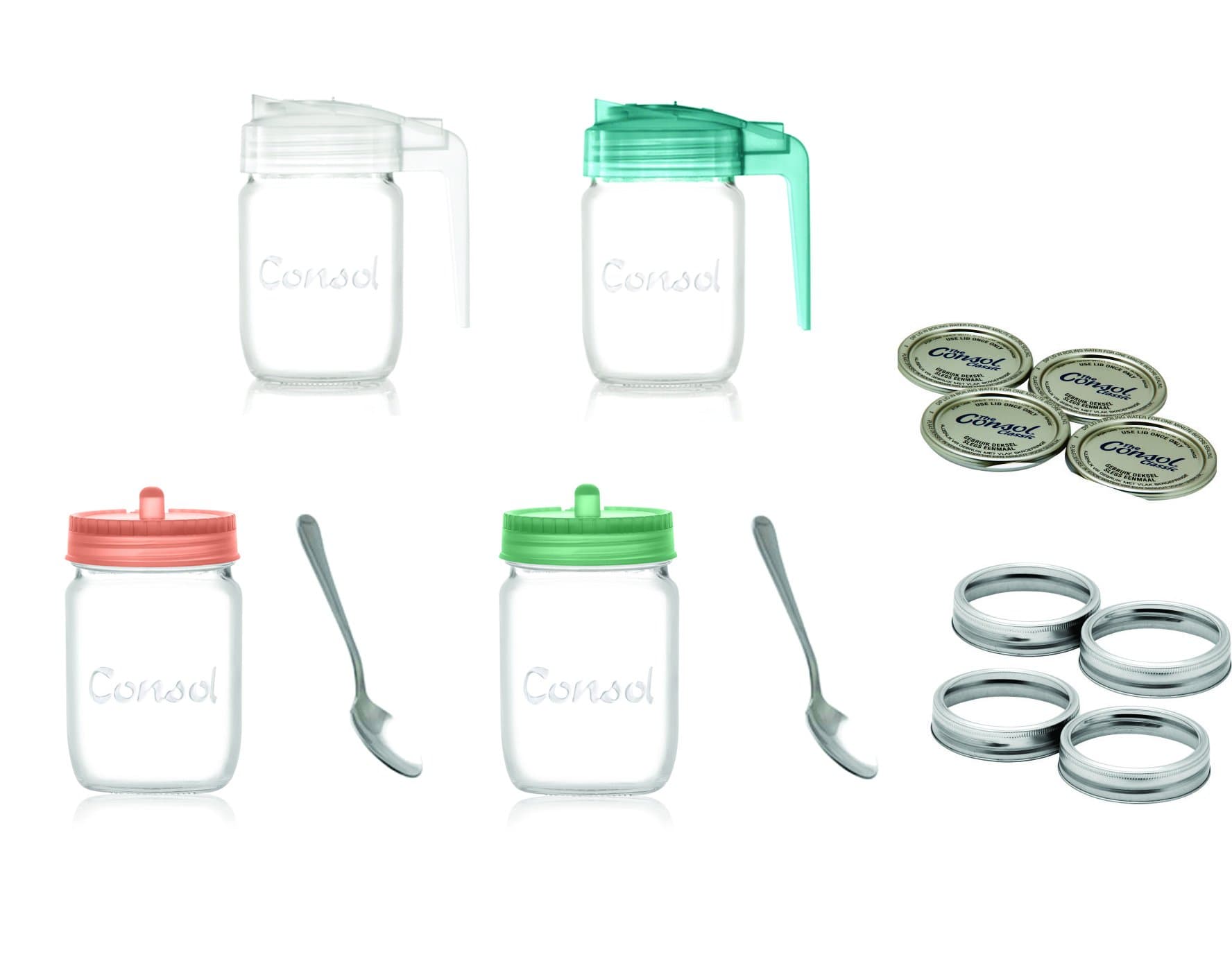 Consol Multipurpose 8 oz Glass Mason Jar Set. 4pc Set Comes With Standard Wide Mouth Dome Ring Lids, 2 Non Drip Pouring Lids & 2 Sugar Bowl Lids With Tea Spoon. (8oz)