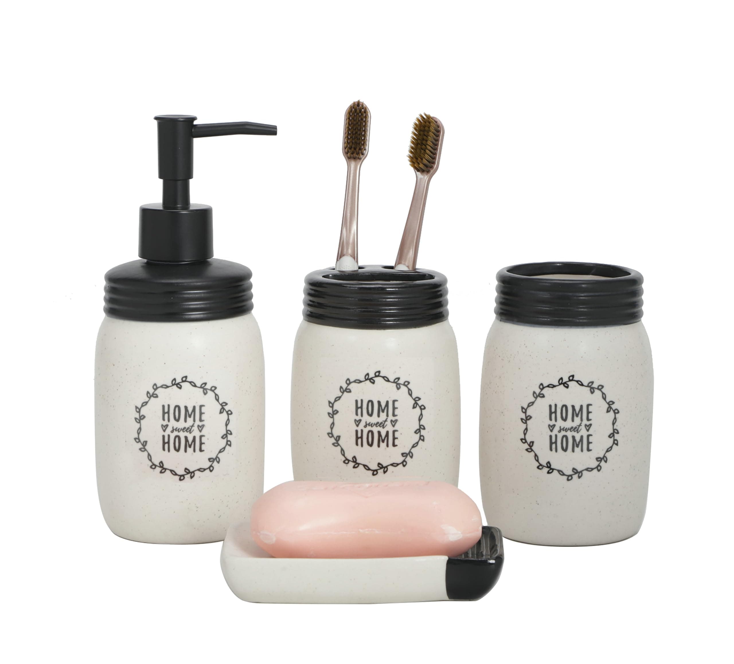 Morden Farmhouse Bathroom accesories Set Marson jar with Home Sweet Home Floral Design 4pc Set (Home Sweet Home)