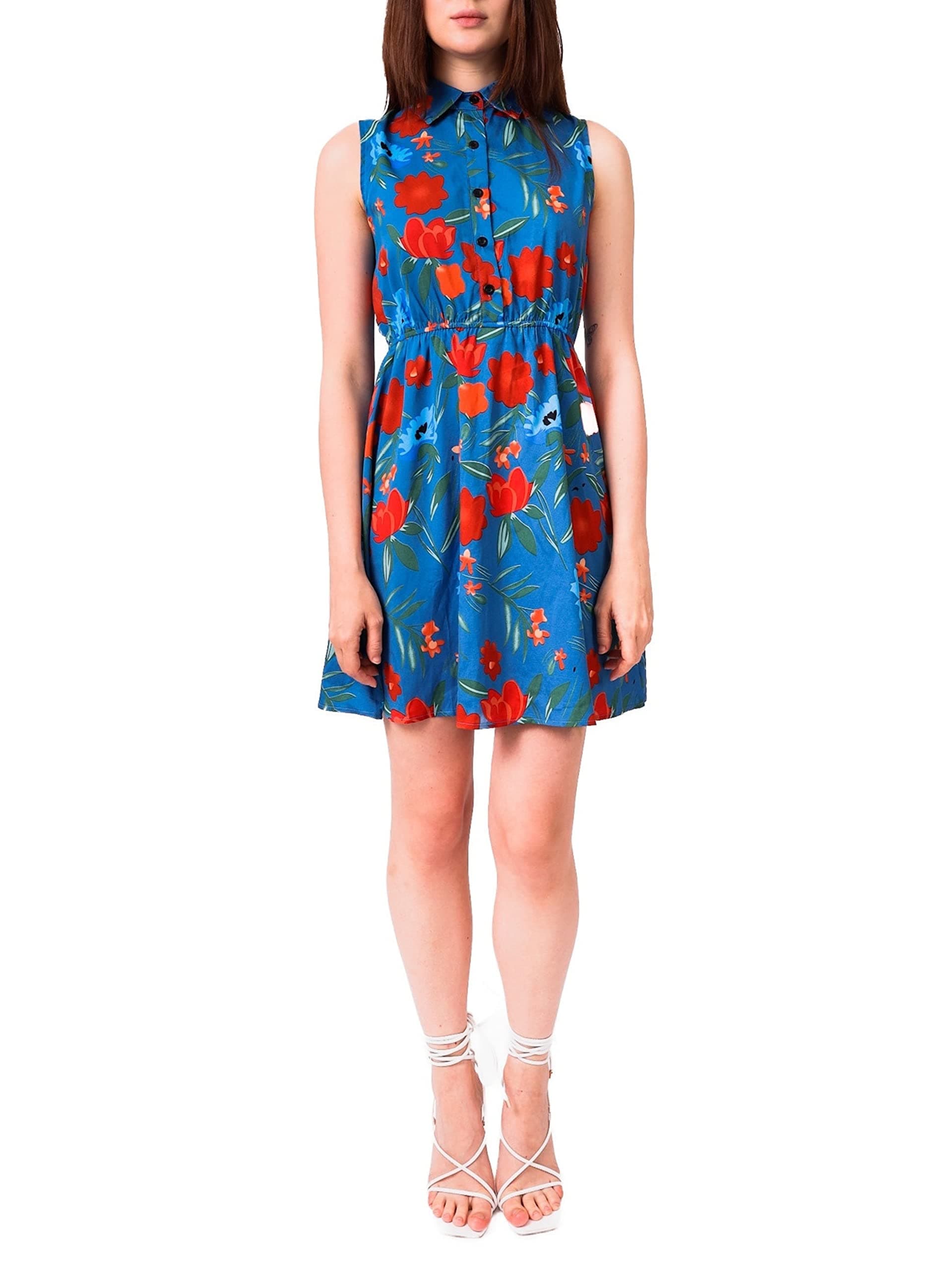 LaVieLente Sleeveless Shirt Dress Above Knee Length Stretchable Waist Design Unique Customized Animal and Floral Pattern