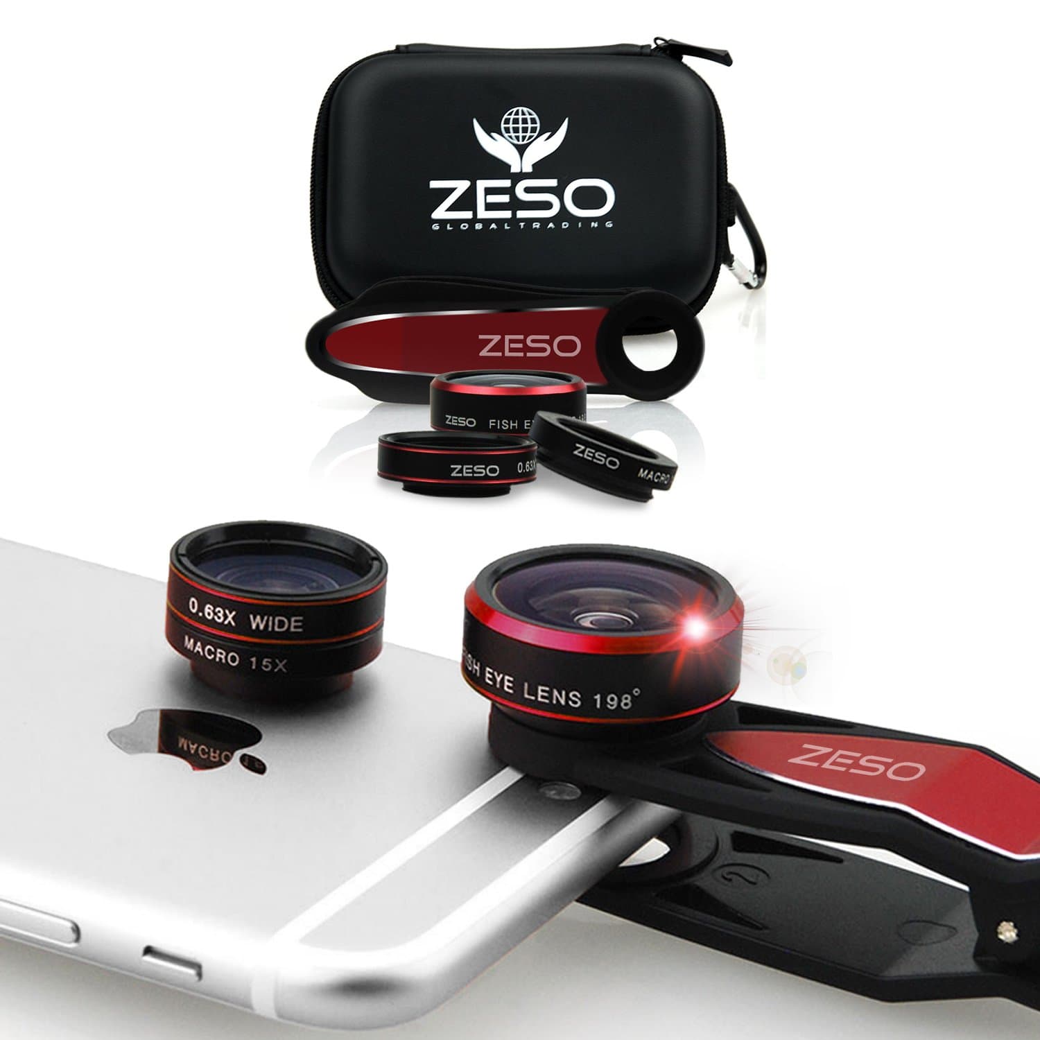 iPhone Lens 3 In 1 Kit by Zeso | Professional Fisheye, Macro & Wide Angle Lenses | For iPhone, Samsung Galaxy, Android, iPads, Tablets | Universal Phone Clip & Hard Storage Case | 4 Colors Camera Lens