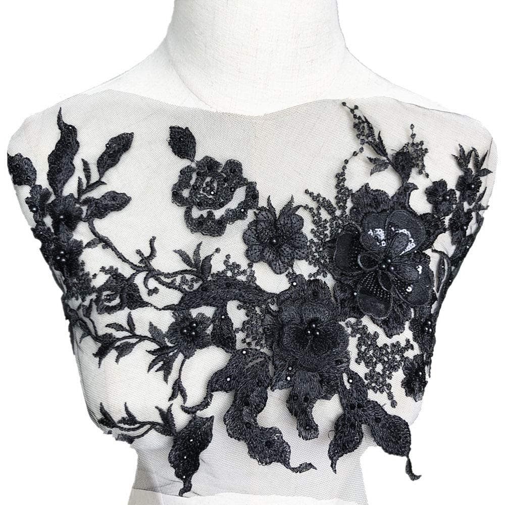 Large Black Embroidery 3D Flower Pearl Rhinestone Fabric Lace Collar Applique Net Trim Sewing Motif Wedding Dress Bridal DIY Crafts