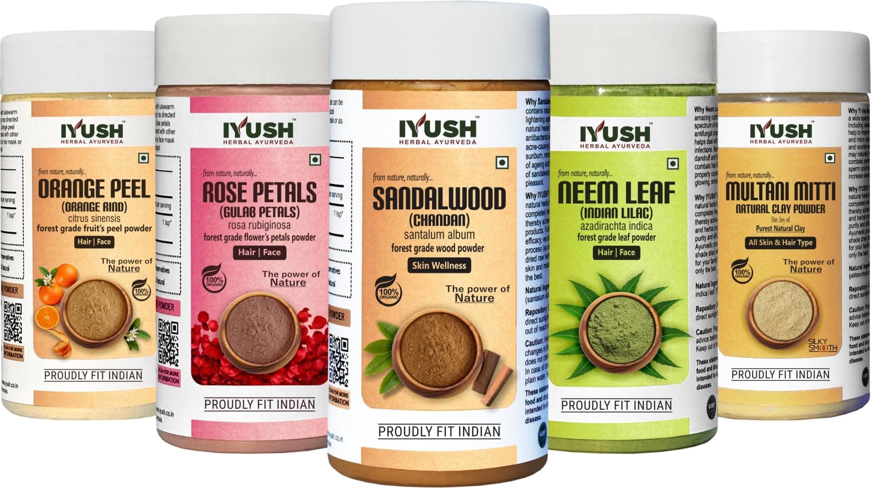 IYUSHHerbal Ayurveda Sandalwood Orange Peel Neem Leaf Rose Petal and Multani Mitti Powder Skin Lightening Combo for Glowing Skin, (pack of 5) 550gm