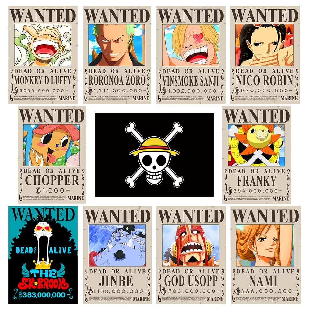 TYZZHOA 11 PCS Anime [OP] Wanted Bounty Posters, Nika Luffy 3 billion Updated Bounty Edition, 10 Straw Hat Pirates Crew Zoro, Sanji, 1 PC [OP] Flag (15×11in)