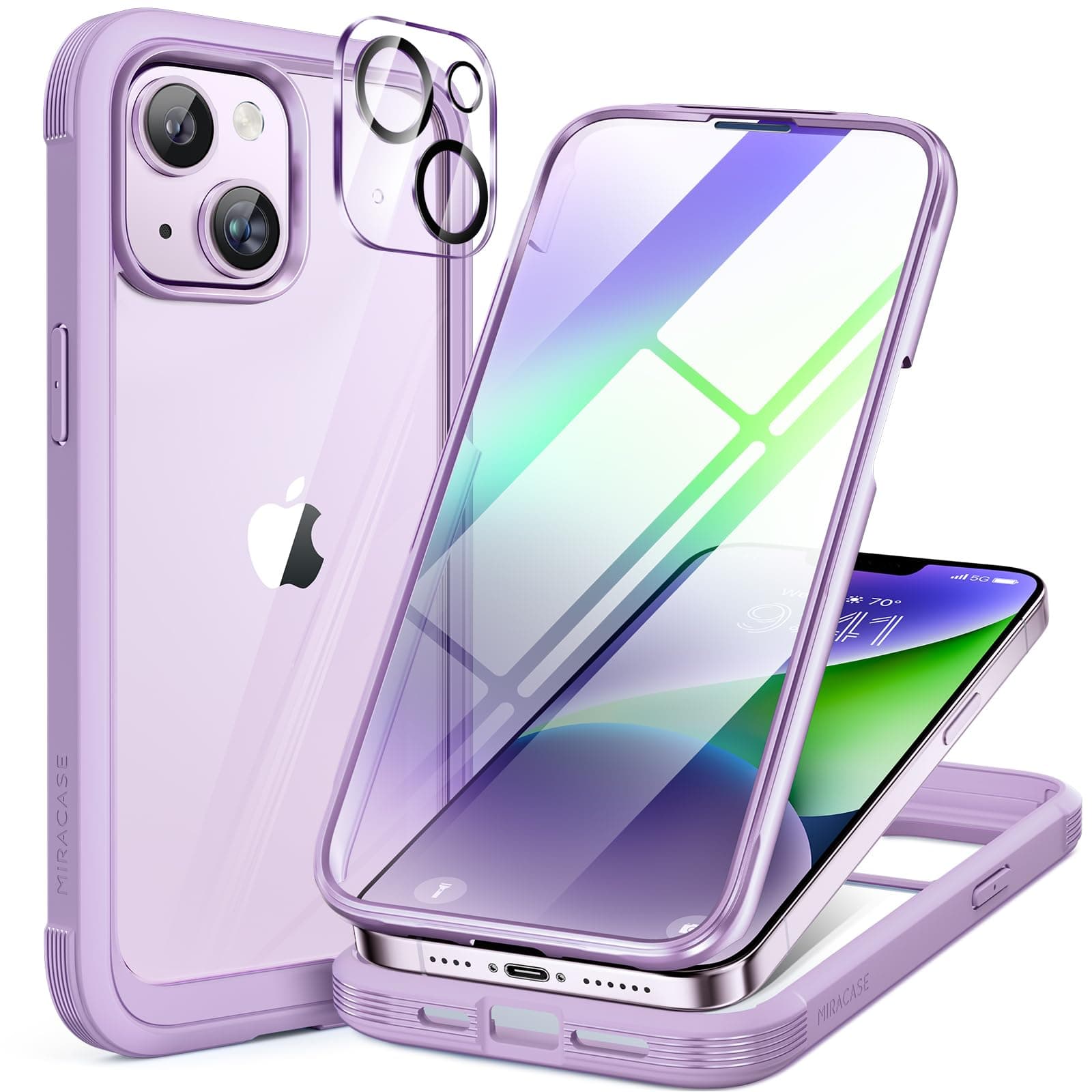 Compatible with iPhone 14 Plus Case 6.7 inch, Built-in Glass Screen Protector + 2 Camera Lens Protector, 2023 Upgrade Full Body Rubber Bumper Clear Back Case Cover (Light Purple)