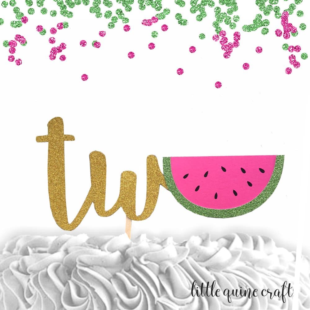 1 pc two watermelon script Gold Glitter Cake Topper for second Birthday Baby girl boy summer party fruit