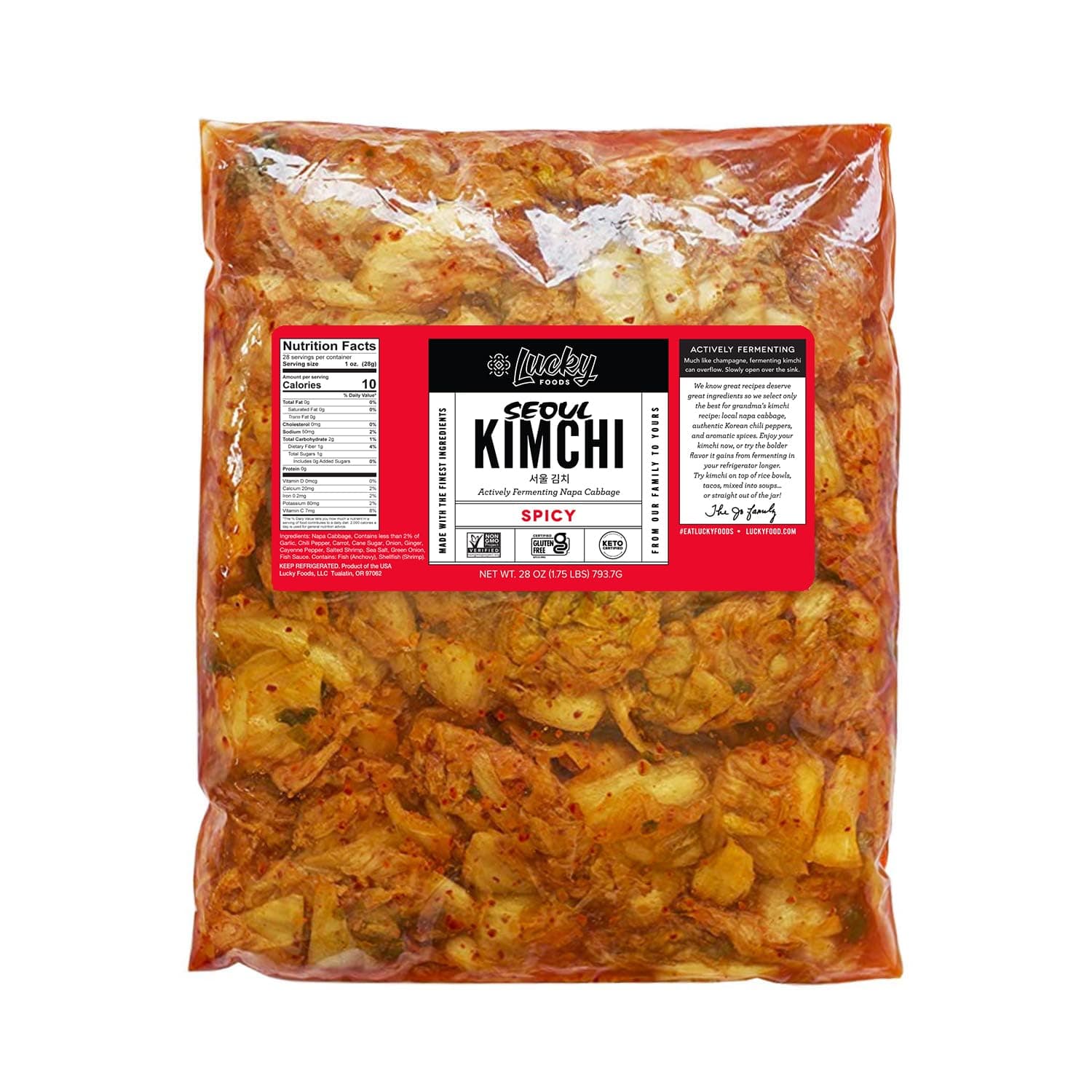 Lucky Foods Seoul Kimchi, (28oz / 1.75 lbs), Authentic Korean Premium Fermented Napa Cabbage Kimchi, (SPICY, Made in USA) (Pack of 1)