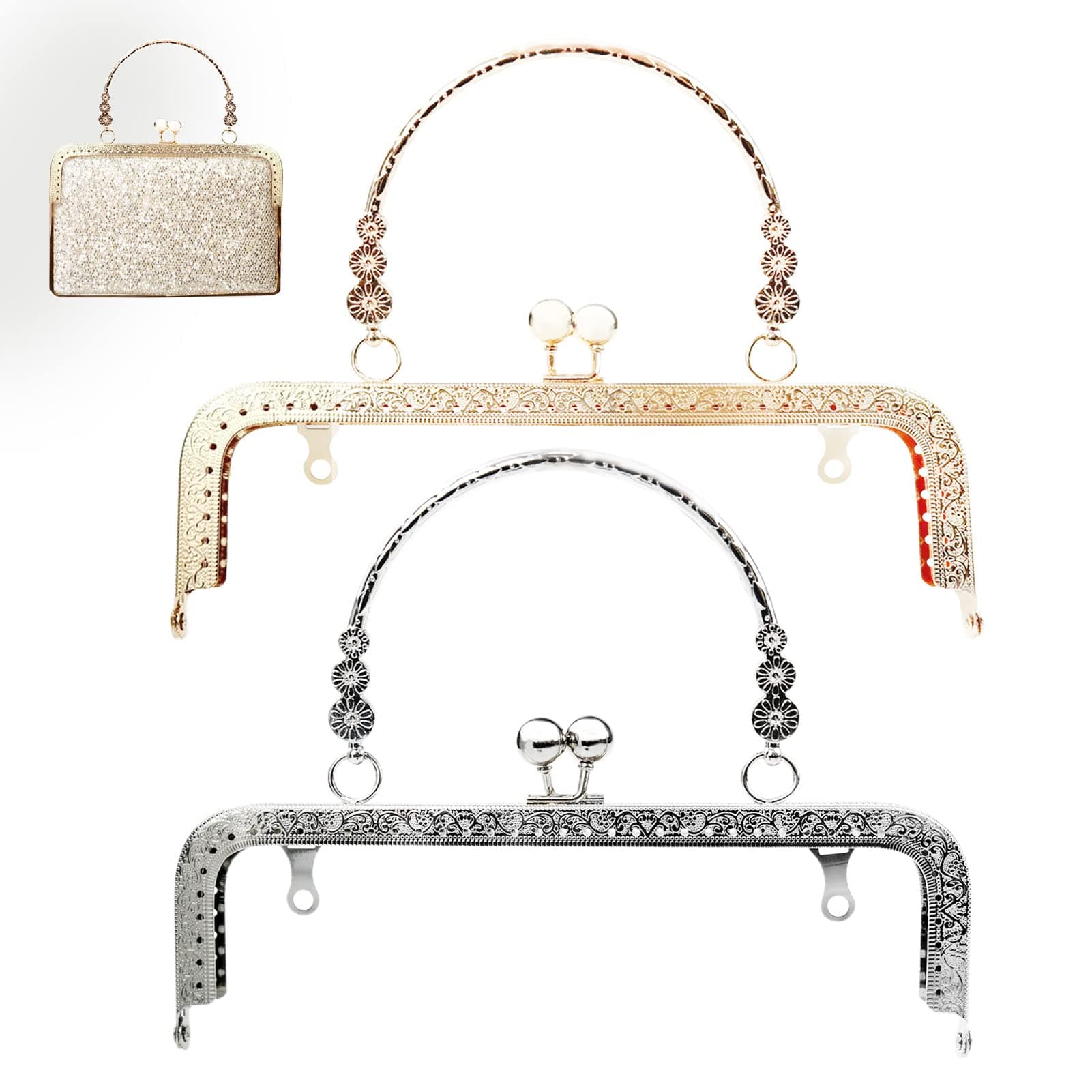 2 PCS Purse Clasp Frame with Handle, Metal Kiss Lock Clasp Frame for Purse Making, Embossed Arch Bag Frame for Handled Bag, Coin Bag, Clutch Bag