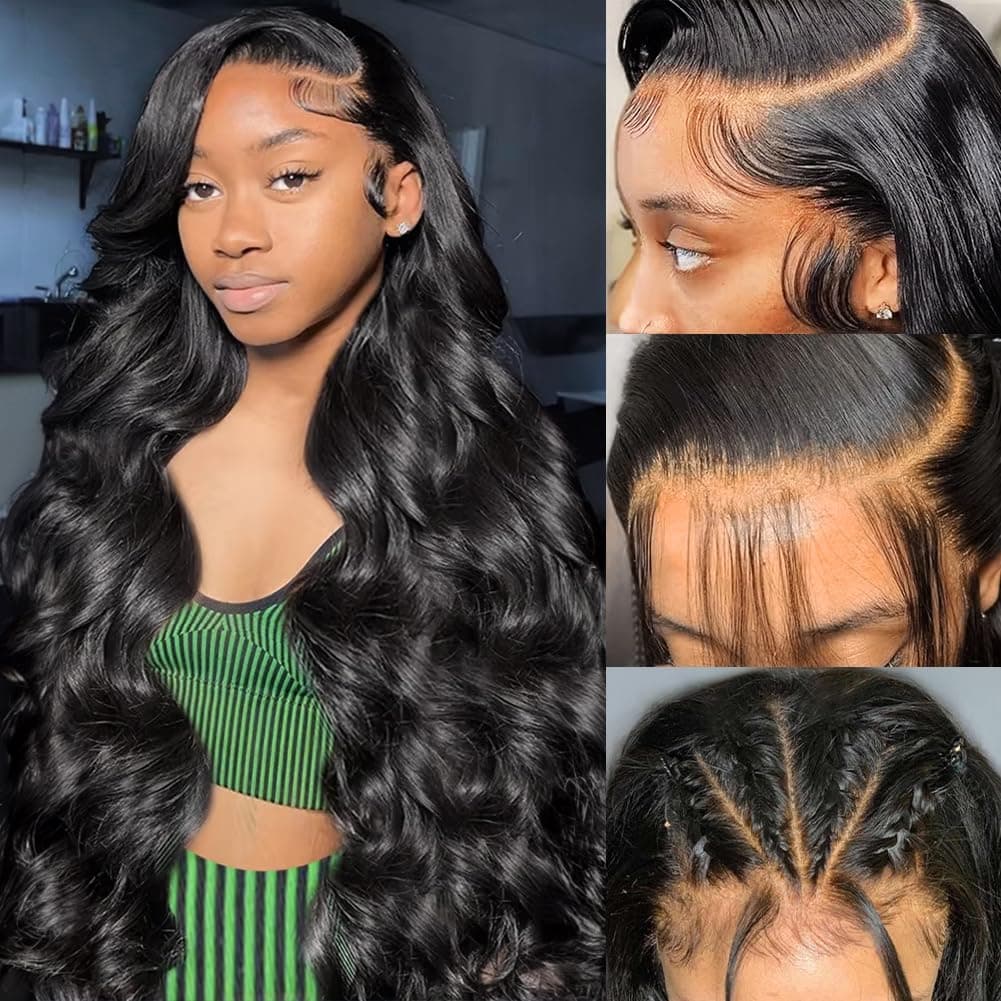 Wingirl Transparent Lace Front Human Hair Wigs for Women Pre Plucked Hairline 10A 180% Density 13x4 Brazilian Body Wave Lace Front Wigs with Baby Hair Natural Black Color (22inch Wigs)
