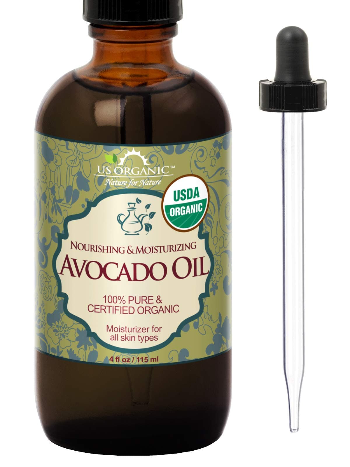 Avocado Oil, USDA Certified Organic,100% Pure & Natural, Cold Pressed Virgin, Unrefined in Amber Glass Bottle w/Glass Eyedropper for Easy Application (4 oz (115 ml))