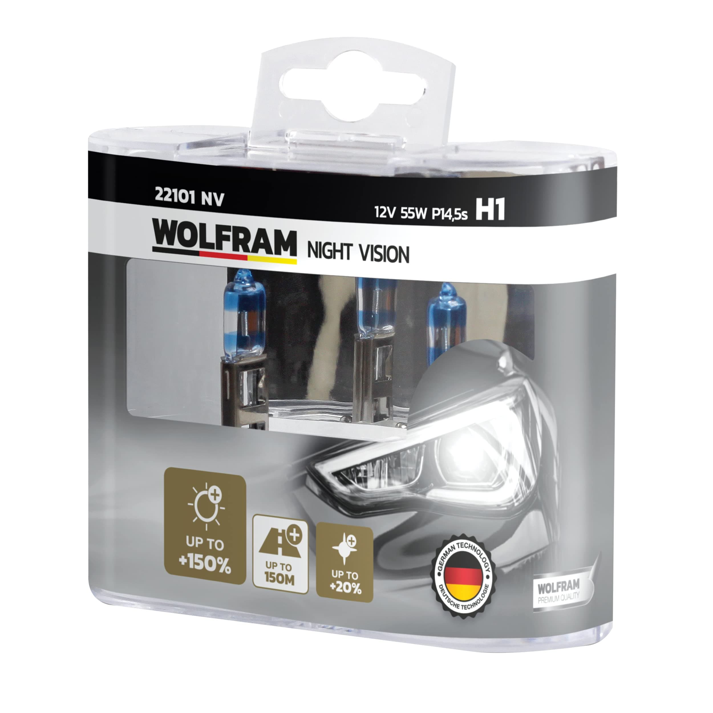 WolframNIGHT VISION HALOGEN BULB H1, +150% extra light +20% whiter light, 12V, 55W, 22101NV, DuoBox (2 lamps)