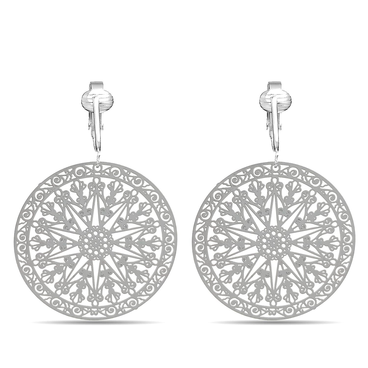 Aloha Earrings Lovely Victorian Filigree Clip On Earrings for Women Clip-ons, Lightweight Teardrop Leaf Dangle (Large Round Filigree- White)