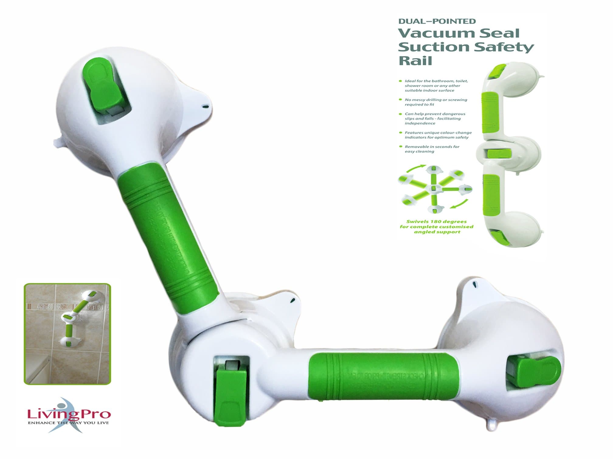 LivingPro Swivel Suction Cup Wall Grab Bar for Bath & Shower Safety(Provides Extra Stability) Quick & Easy Installation