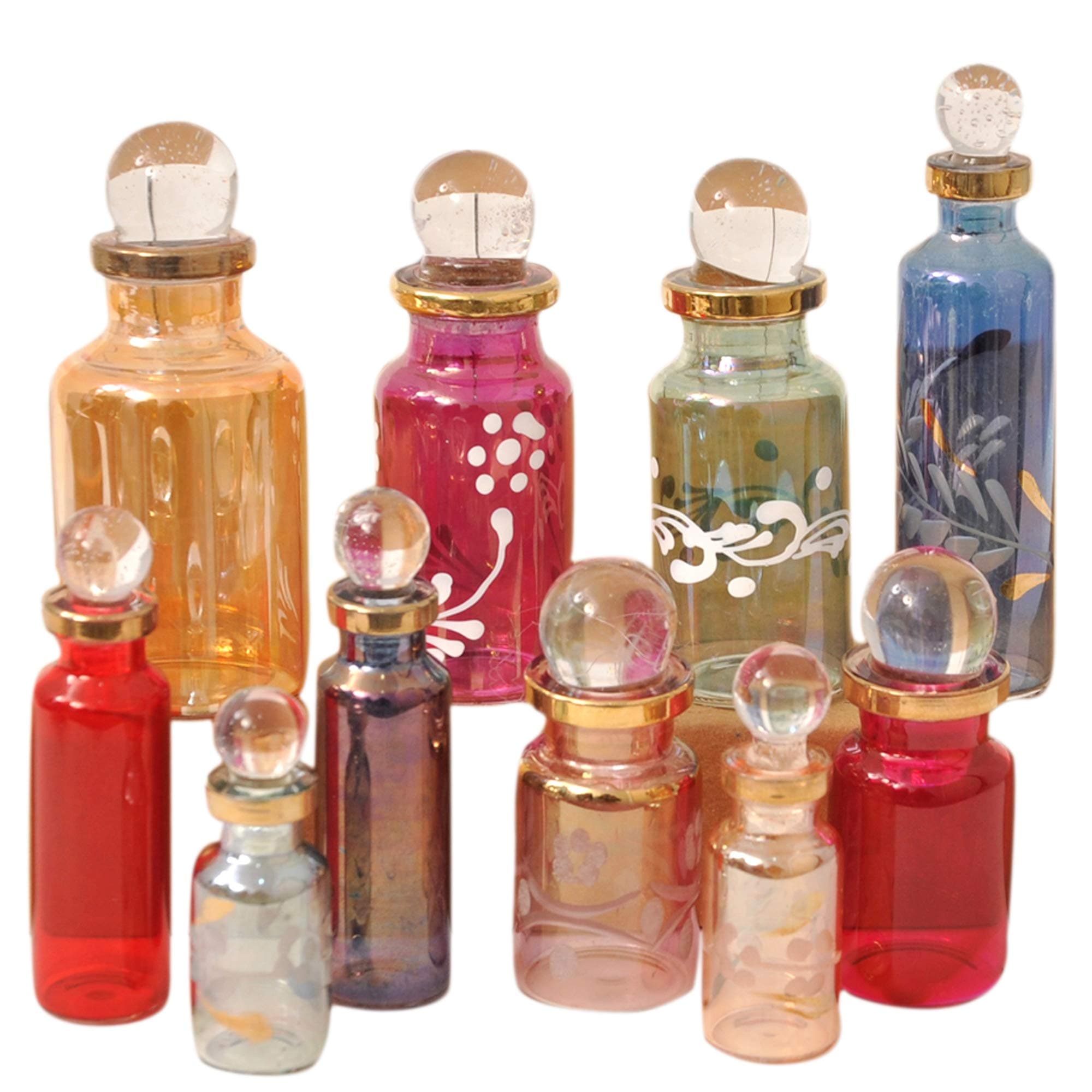 CraftsOfEgypt Genie Blown Empty Glass Mini Bottles for Perfume, Essential Oils or Potion - Set of 10 Decorative Small Vials, Each 2" High (5cm), Assorted Colors